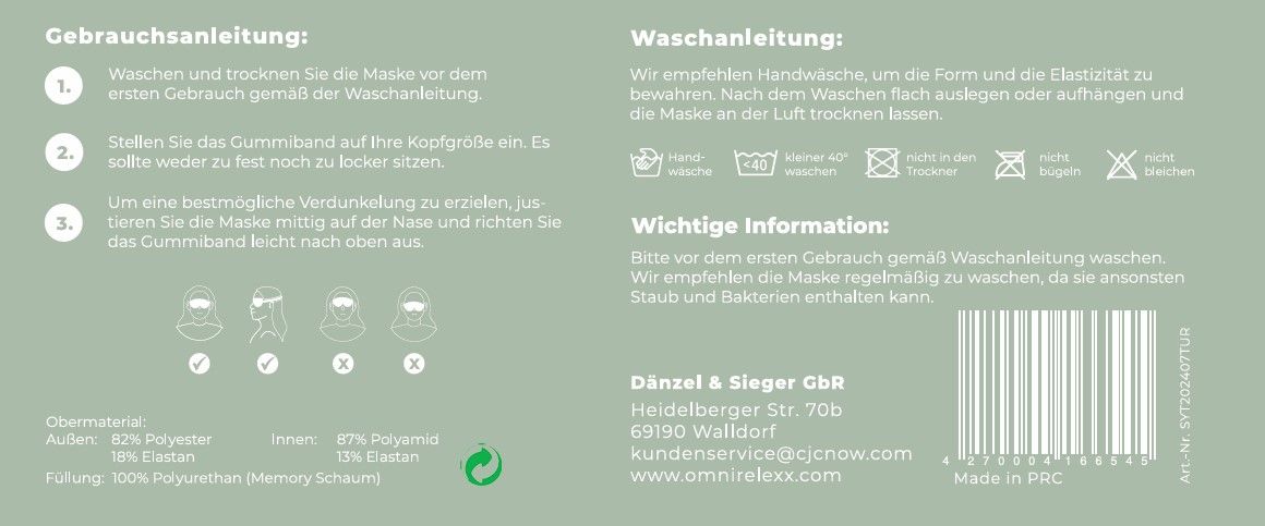 Rückseite der Verpackung. Gebrauchsanleitung, Waschanleitung, wichtige Informationen. Inhaltsstoffe, Herstelleradresse, Logo, Zertifizierung.