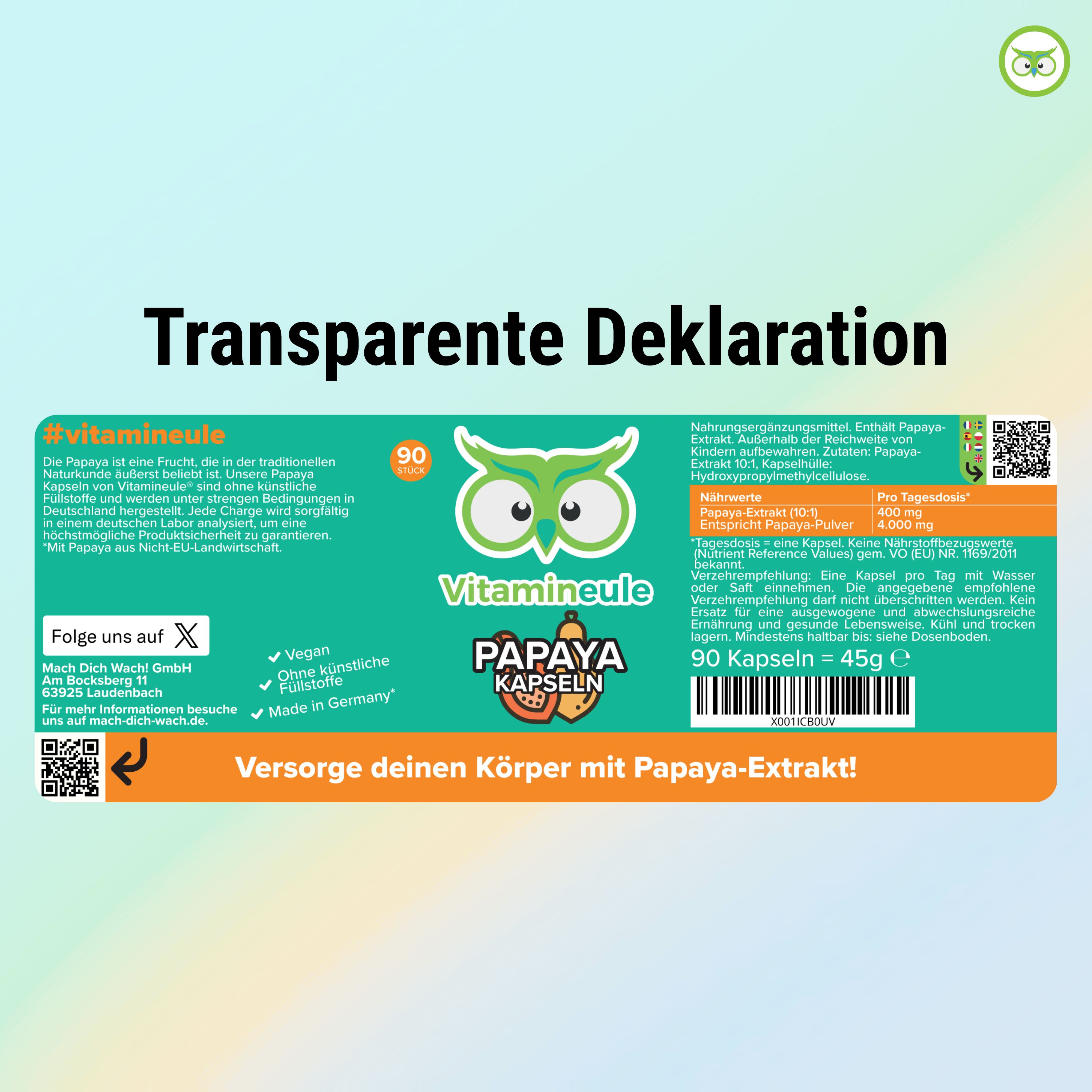 Etikett mit Informationen zu Papaya Kapseln. Marke: Vitamineule. 90 Kapseln. Enthält Papaya-Extrakt. Vegan, ohne künstliche Zusätze, Made in Germany.