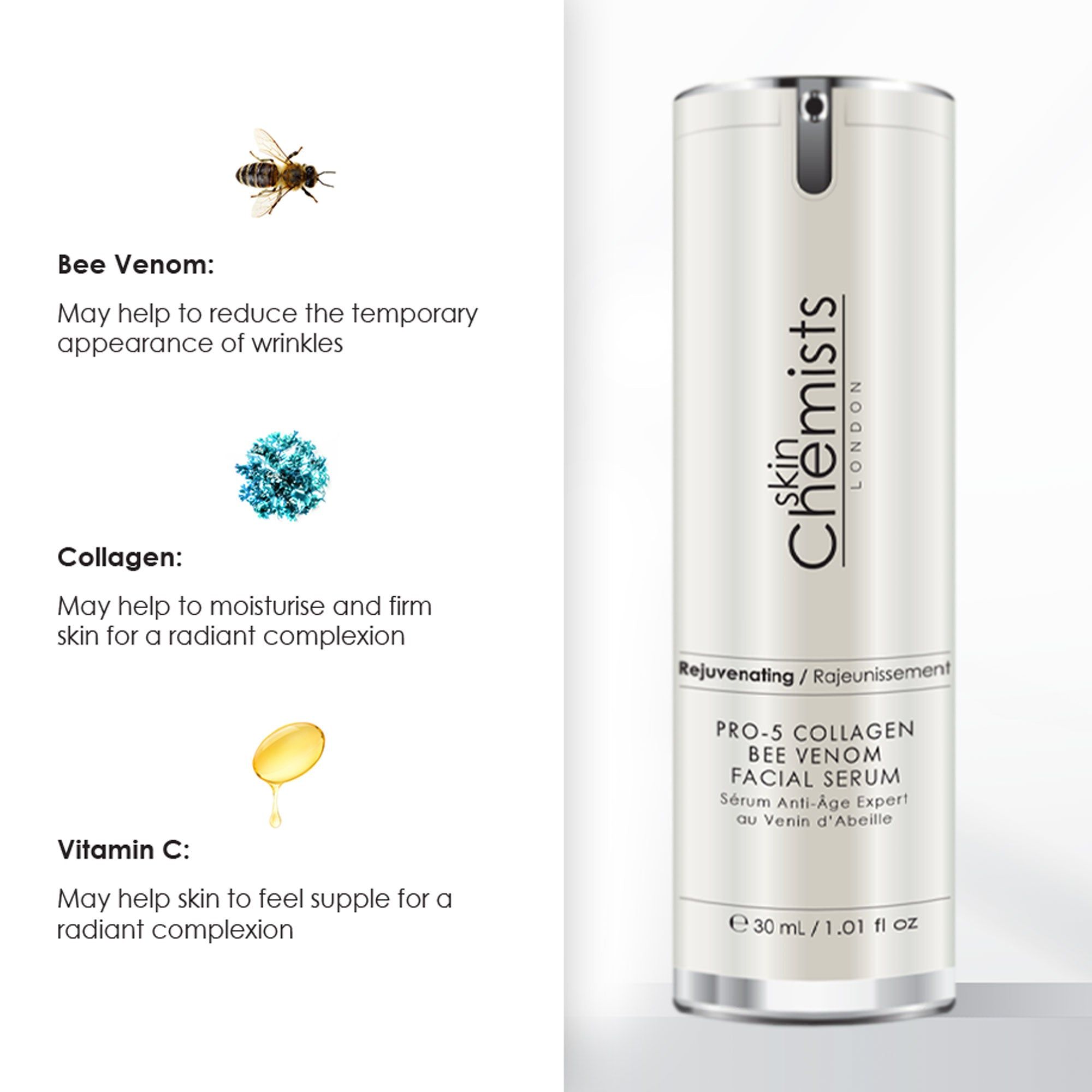 Weiße Flasche mit Text und Illustrationen. Auf der Flasche steht "skinChemists London" und "PRO-5 Collagen Bee Venom Facial Serum". Illustrationen von Biene, Tropfen und Kristallen.