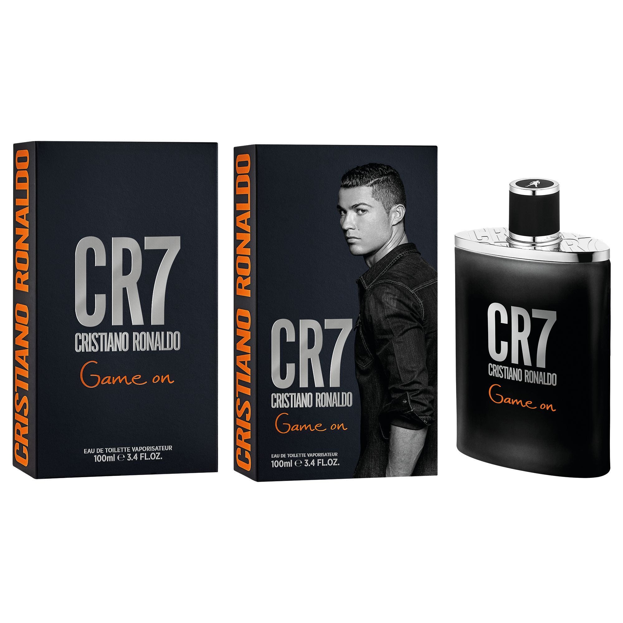 Drei Produkte: Flakon und zwei Verpackungen. Aufschrift CR7 Cristiano Ronaldo Game on.