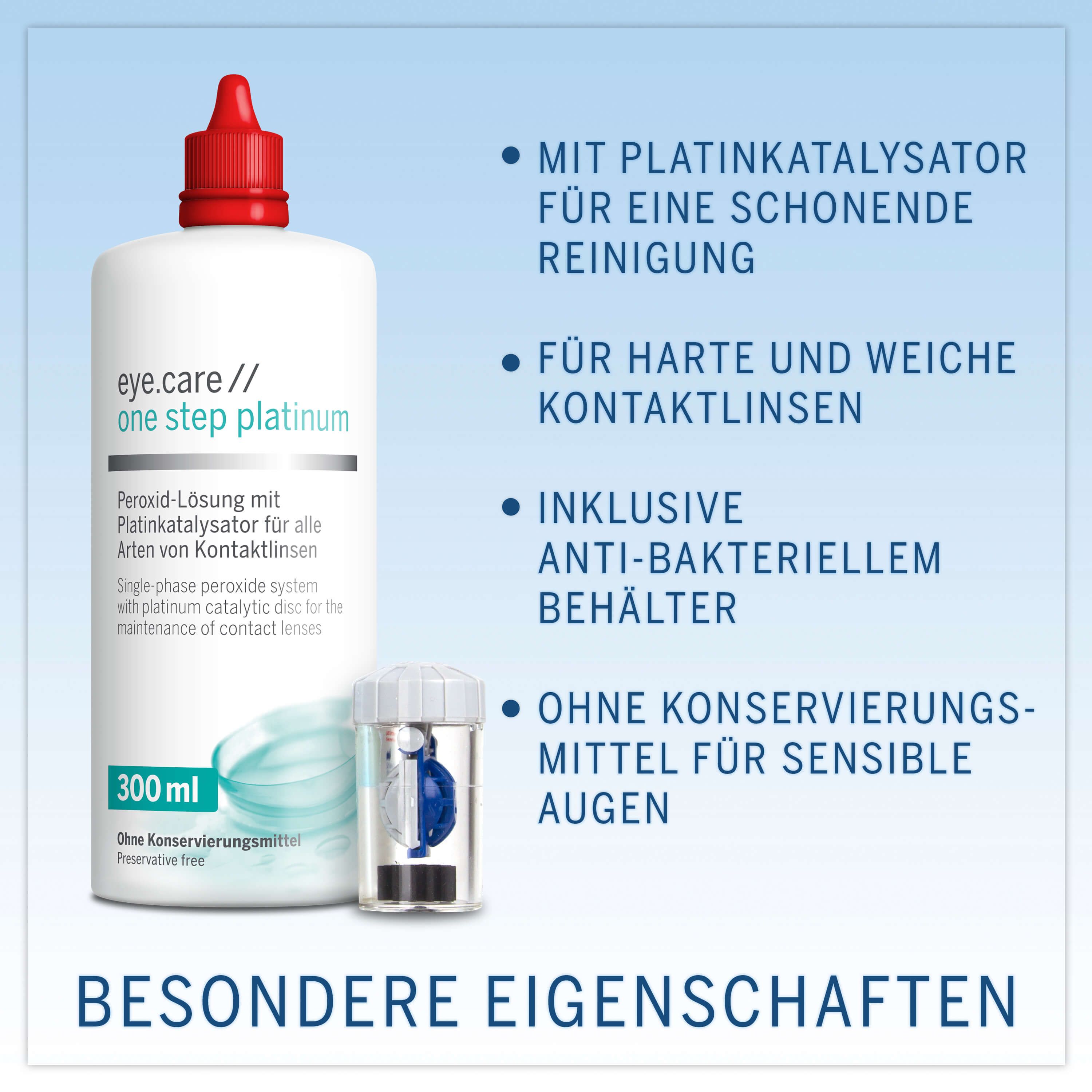 Weiße Flasche mit rotem Deckel, Kontaktlinsenbehälter. Text: eye.care one step platinum, 300 ml. Enthält Platin-Katalysator.