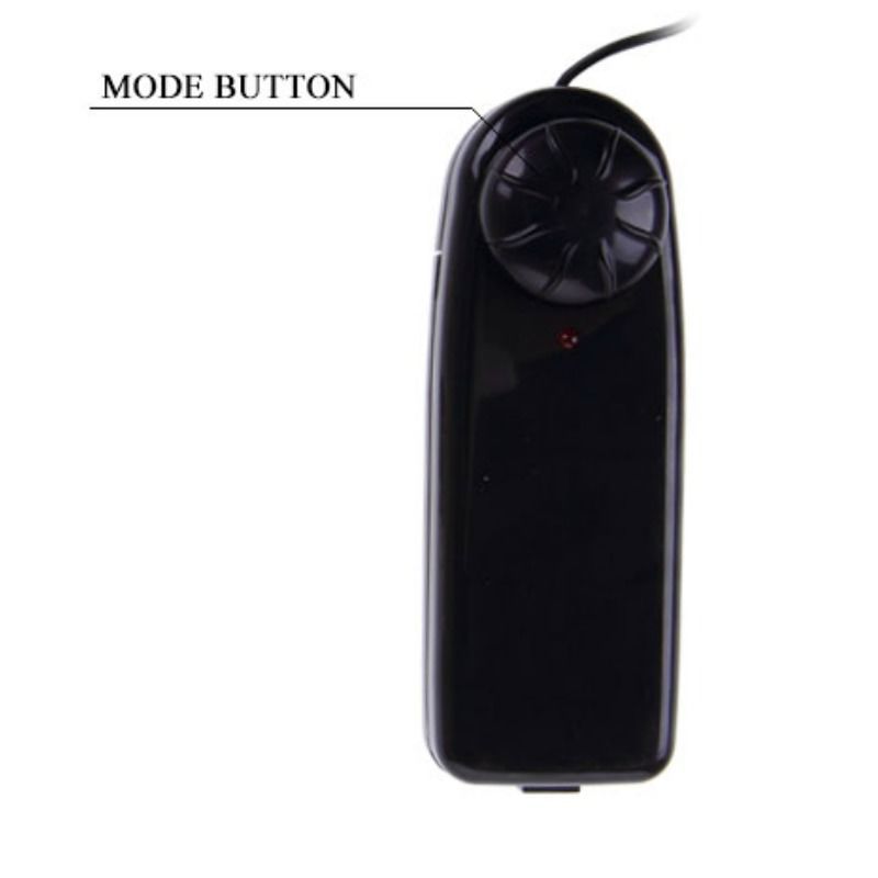 Schwarze Fernbedienung mit einem Drehknopf und roter LED. Text: MODE BUTTON.