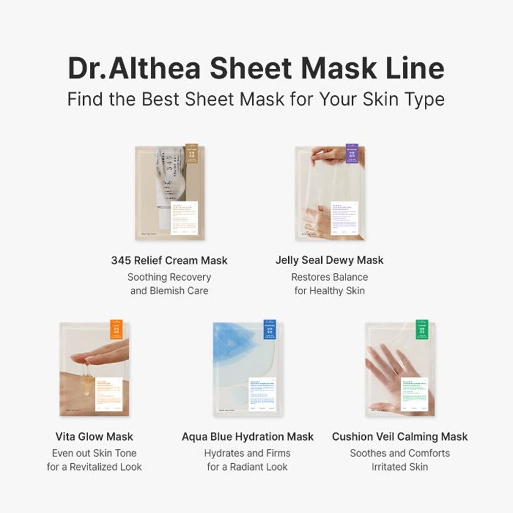 Übersicht über die Dr. Althea Sheet Mask Linie mit verschiedenen Maskentypen.
