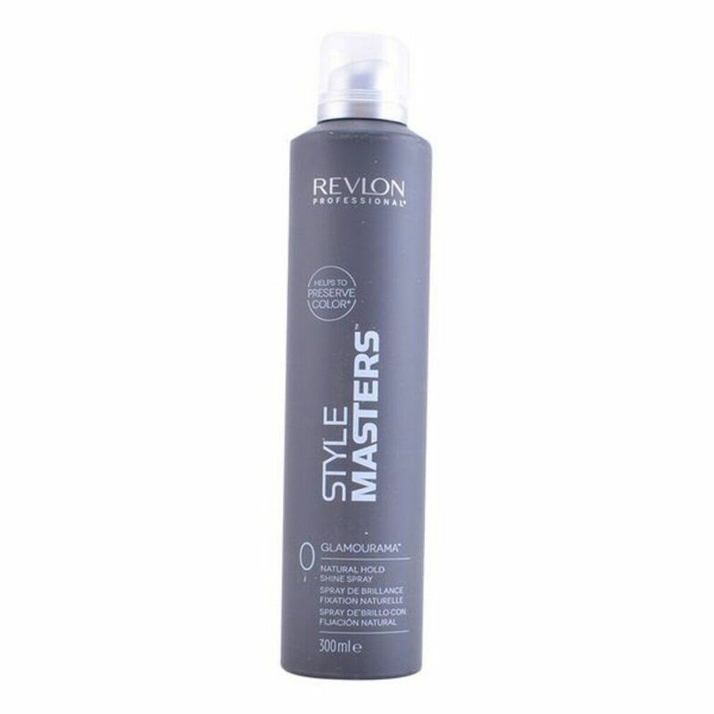 Revlon Style Masters Glamourama Shine Spray. Graue Dose mit weißem Sprühkopf. Text: Revlon Professional, Style Masters, Glamourama, Natural Hold, 300ml.