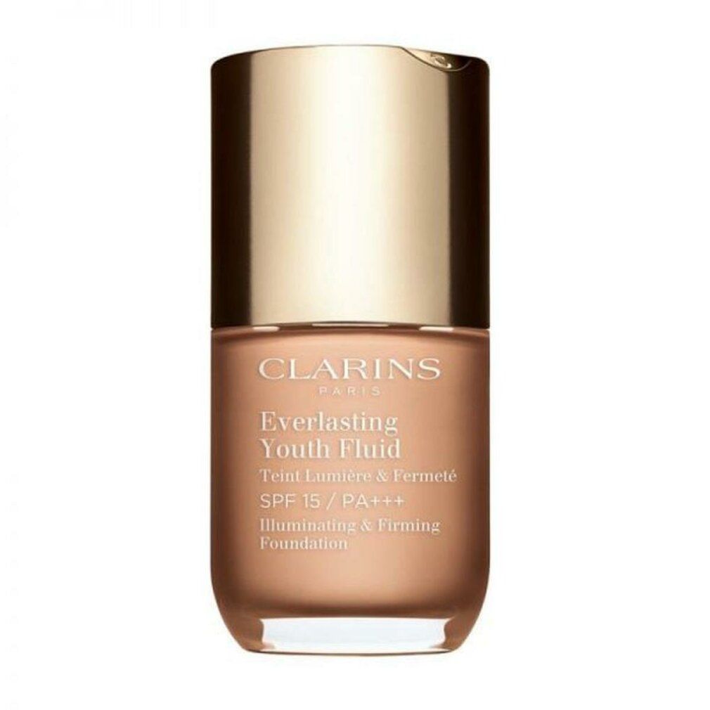 Clarins Everlasting Youth Fluid Foundation in einem Glasflakon mit goldenem Deckel. SPF 15 / PA+++.