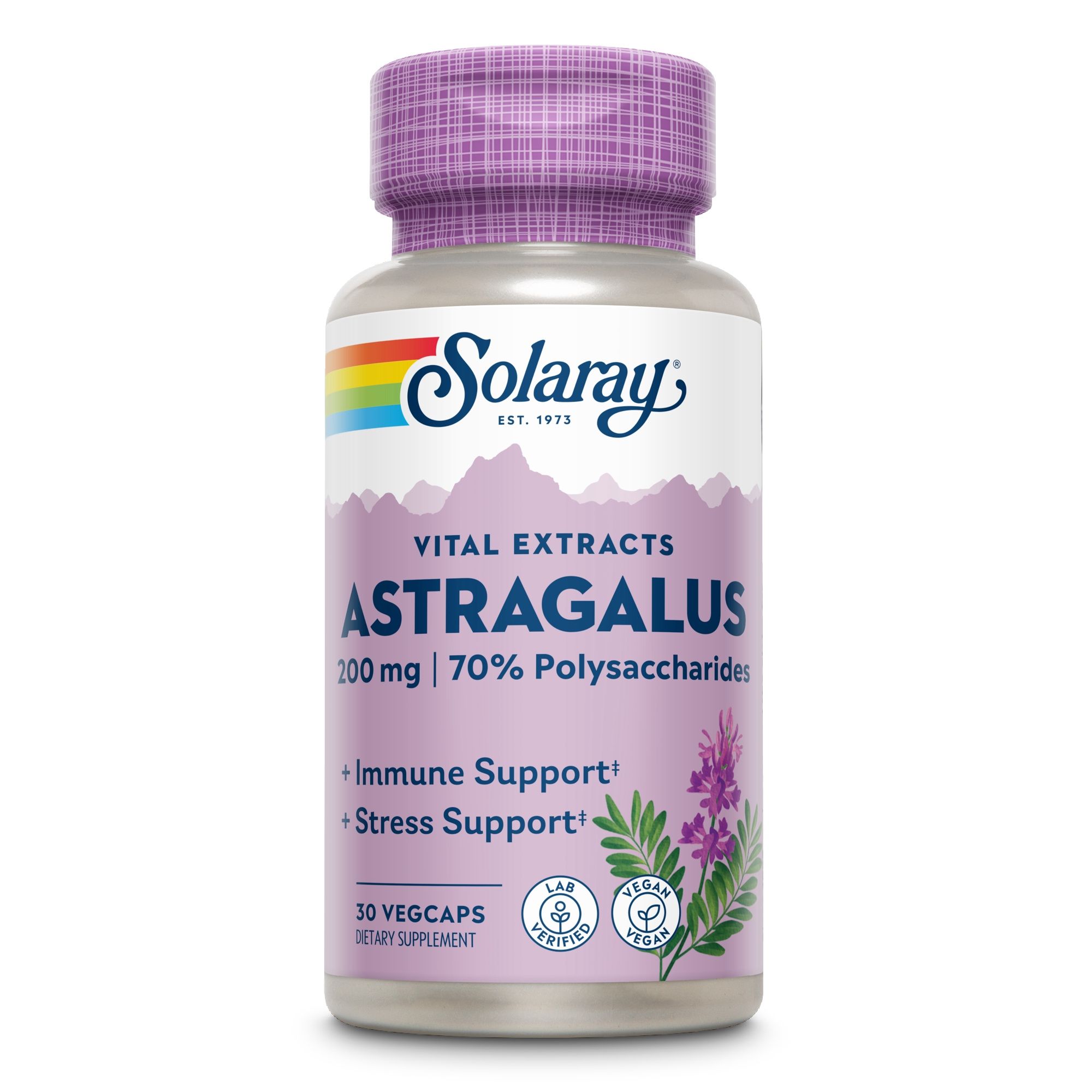 Solaray Astragalus Extrakt-Flasche. Lila Deckel, weißes Etikett mit Produktnamen und Logo. 30 Vegicaps.