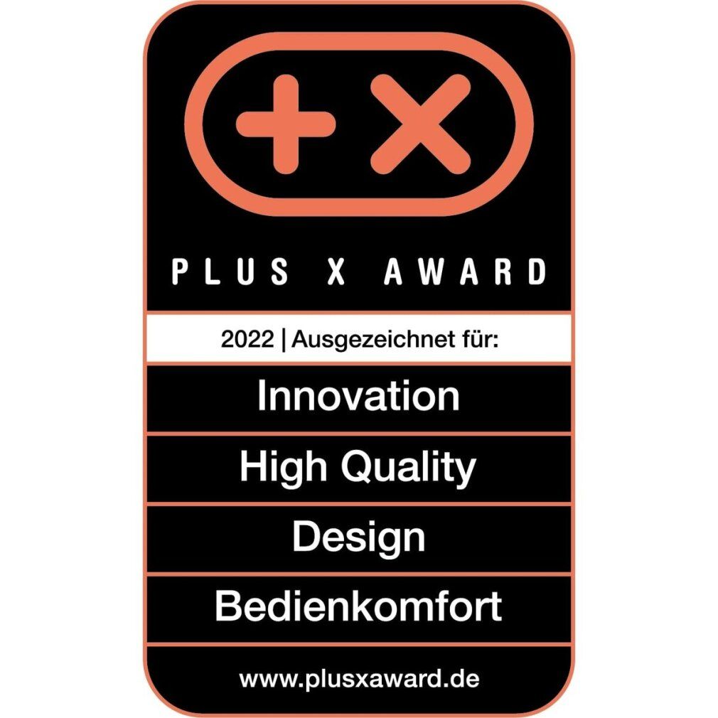 Plus X Award 2022. Ausgezeichnet für Innovation, hohe Qualität, Design und Bedienkomfort. Schwarzer Hintergrund.