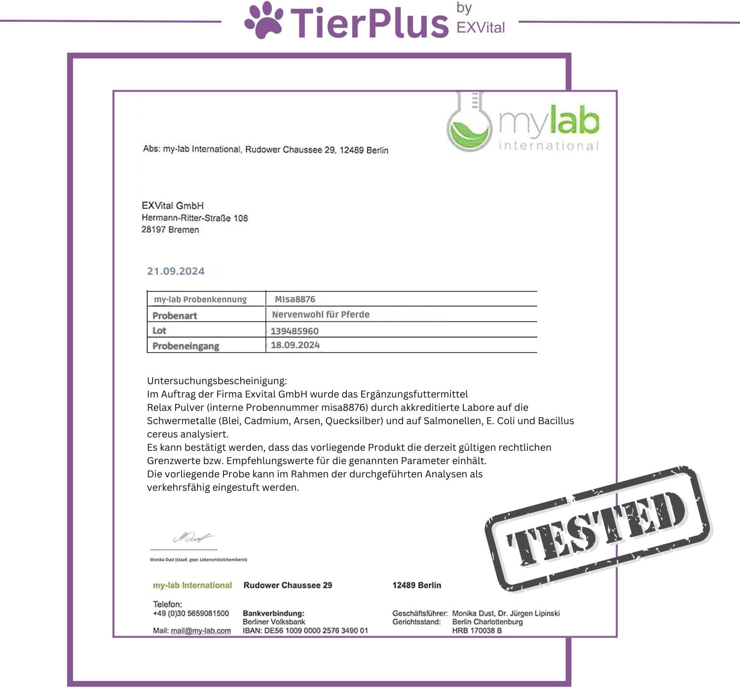 Laborbericht. Aufschrift: mylab international. Produkt: Nervenwohl für Pferde. Getestet-Stempel.