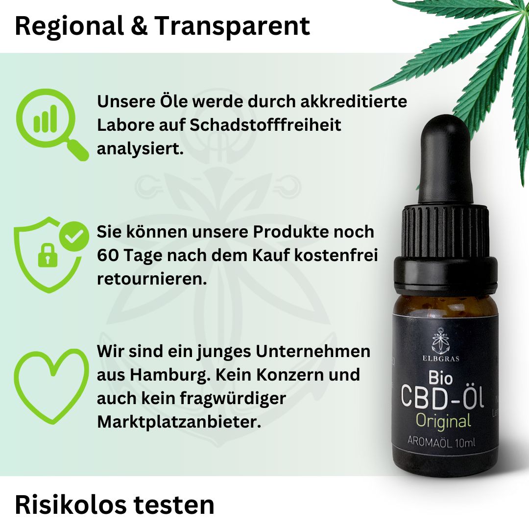 Elbgras Bio CBD Öl Original 10ml Flasche mit Pipette, Siegel für Schadstofffreiheit und Transparenz.