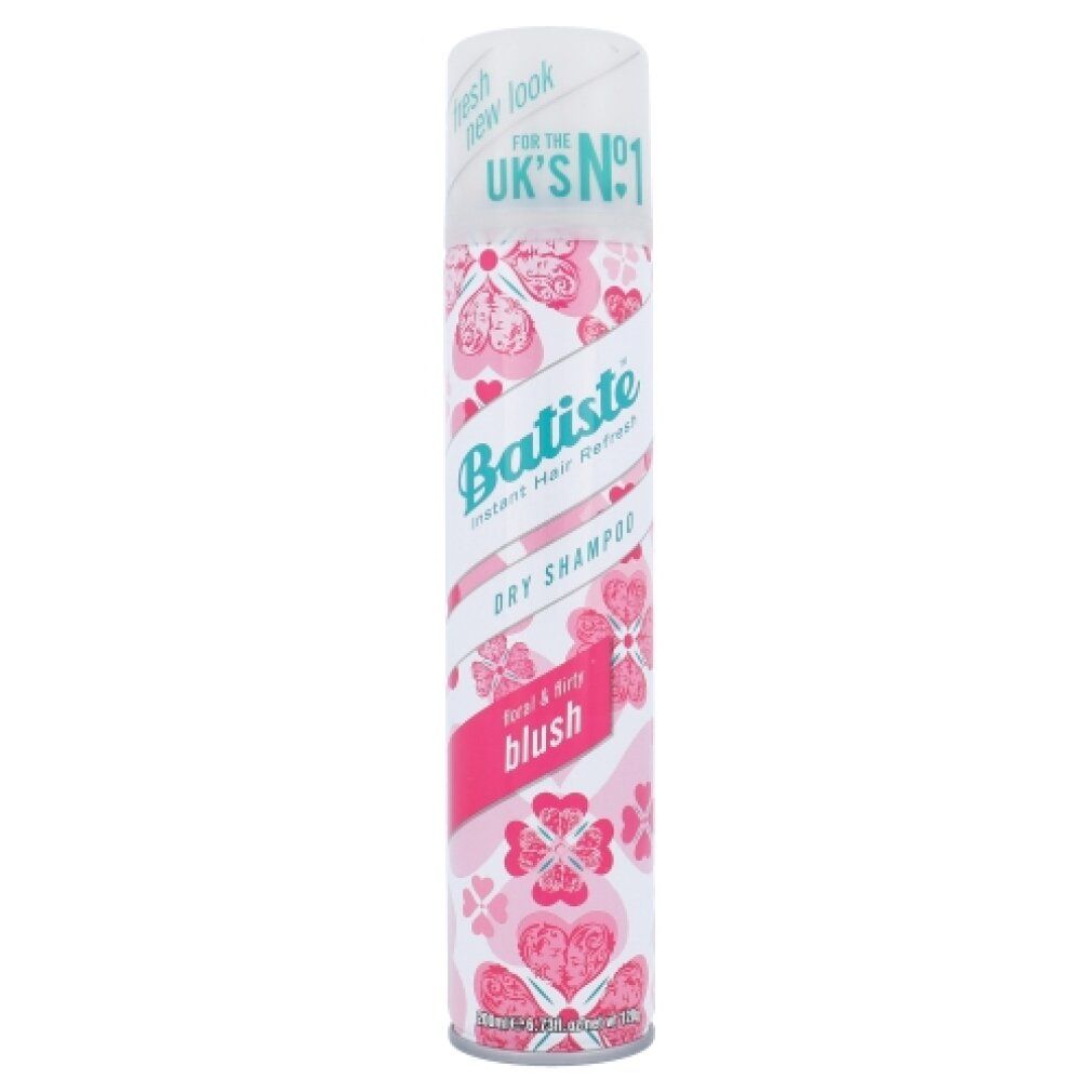 Trockenshampoo-Spraydose mit floralem Design. Aufschrift "Batiste", "Blush" und "UK's N°1".