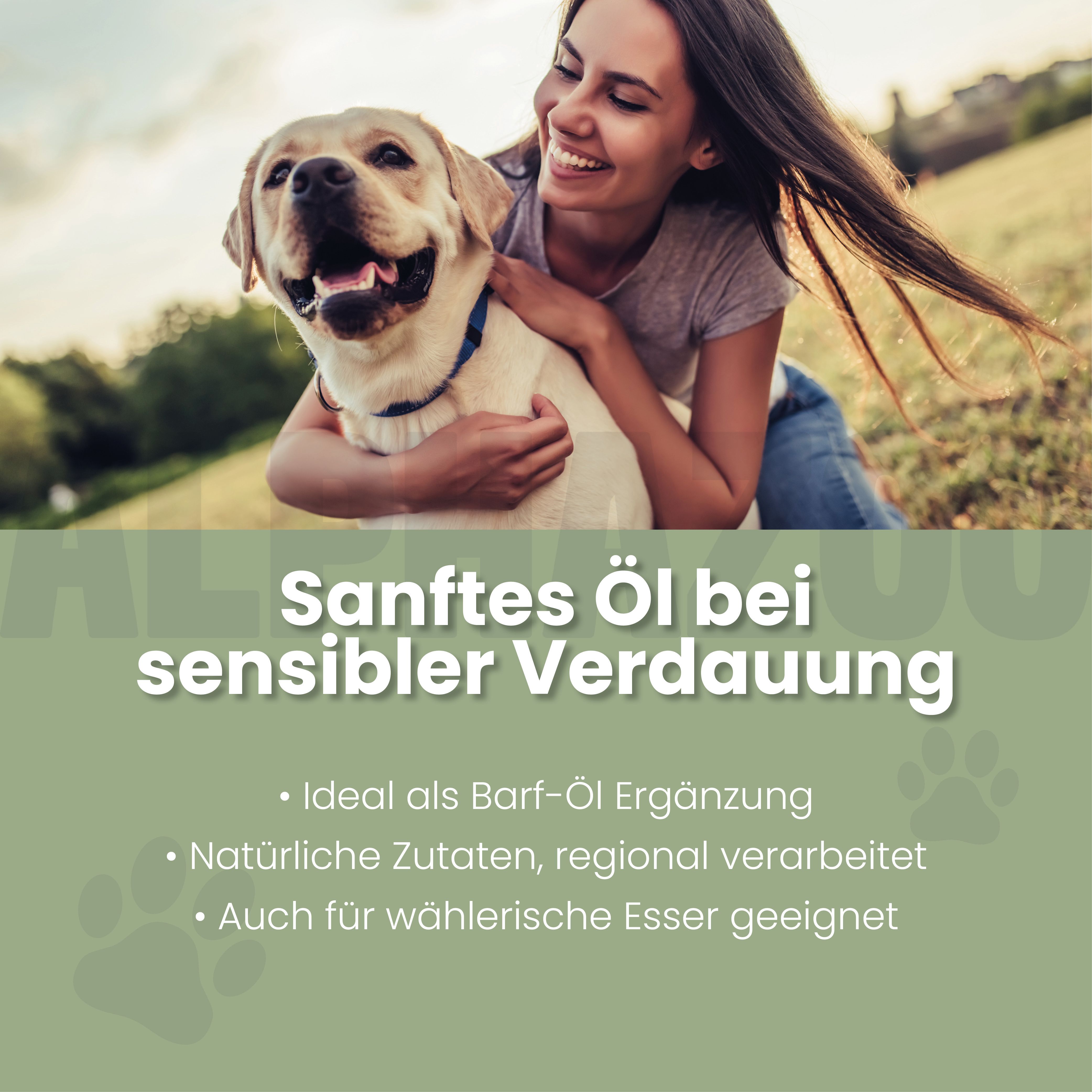 Frau und Hund im Freien. Text: Sanftes Öl bei sensibler Verdauung. Ideal als Barf-Öl Ergänzung. Natürliche Zutaten, regional verarbeitet.