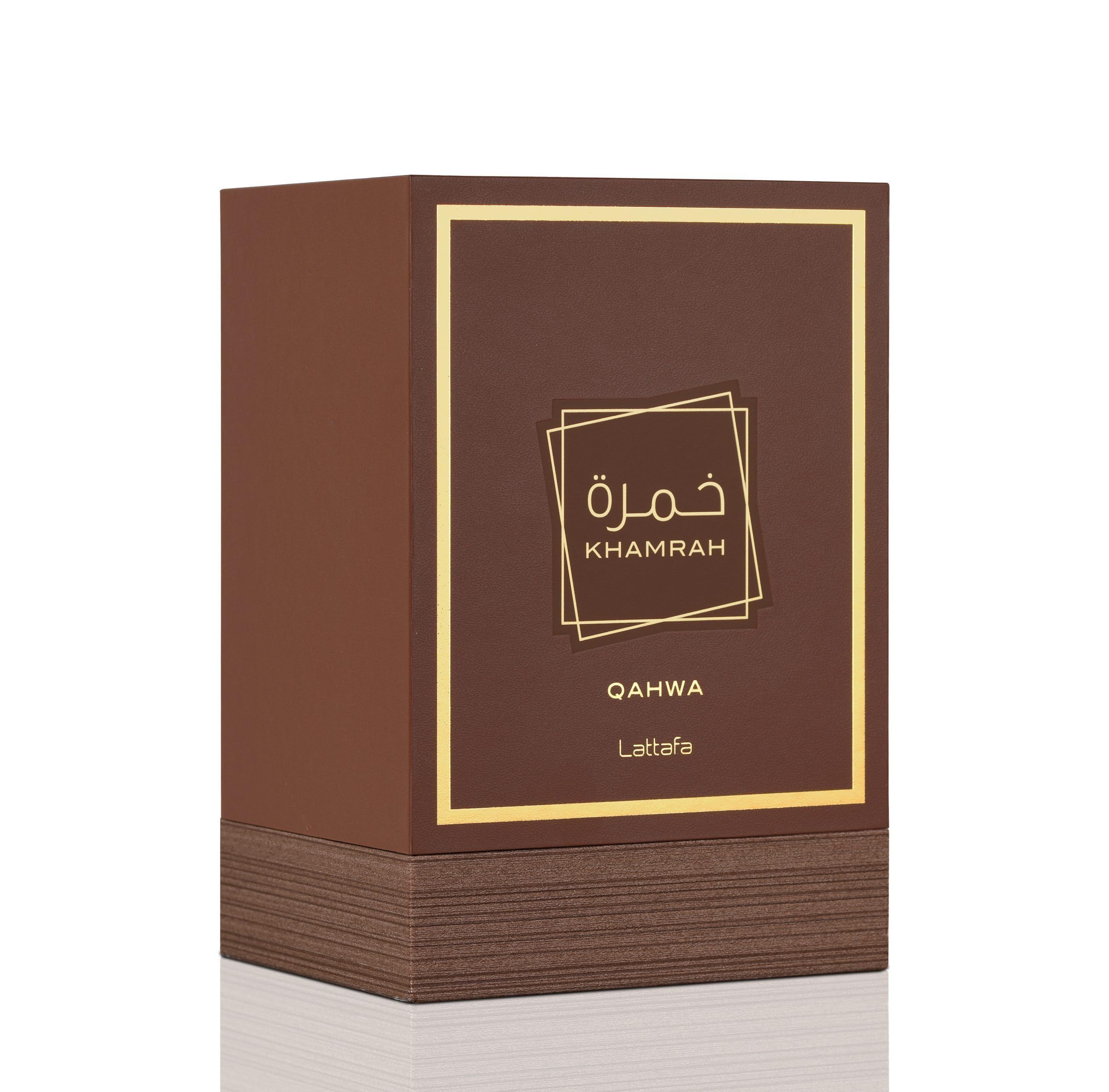 Braune Verpackung mit goldfarbenem Rahmen und Text. Unterteil mit Holzmaserung. Text: Khamrah Qahwa Lattafa.