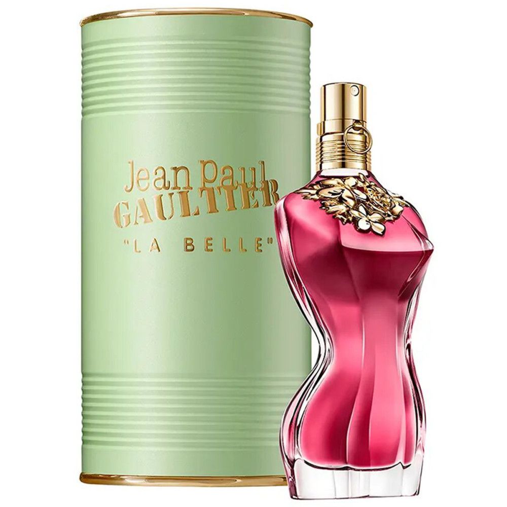 Jean Paul Gaultier La Belle Eau de Parfum Spray. Flakon in Frauenkörperform, rosa Flüssigkeit, grüne Dose mit Logo.