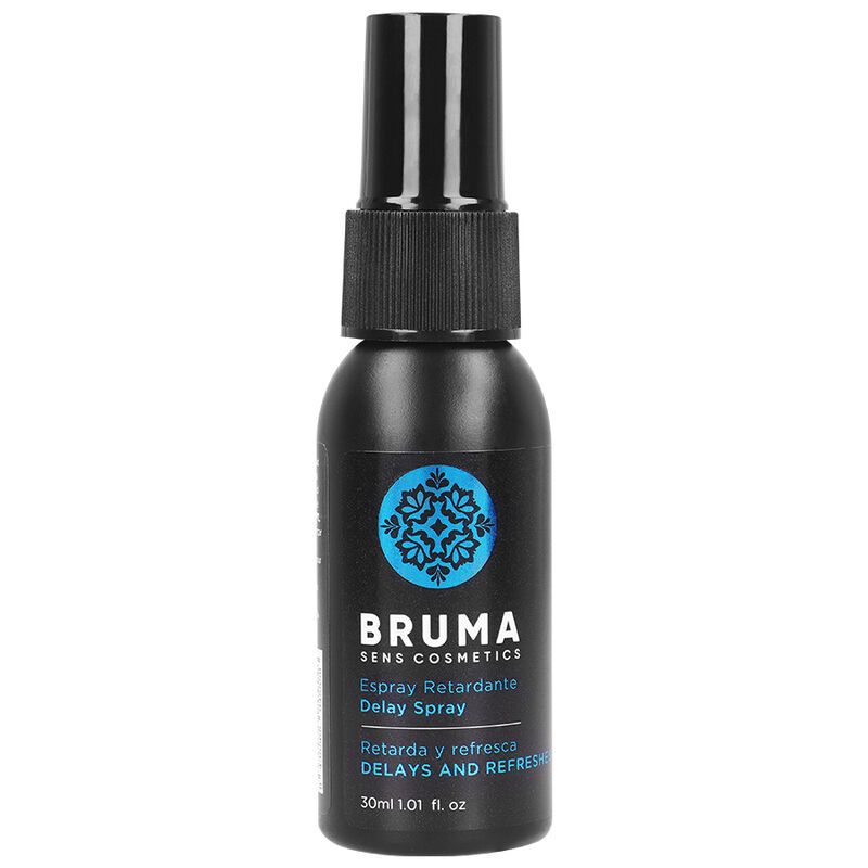 Schwarze Sprühflasche mit Produktname Bruma. Aufschrift: Espray Retardante, Delay Spray, Retarda y refresca, Delays and refreshes.