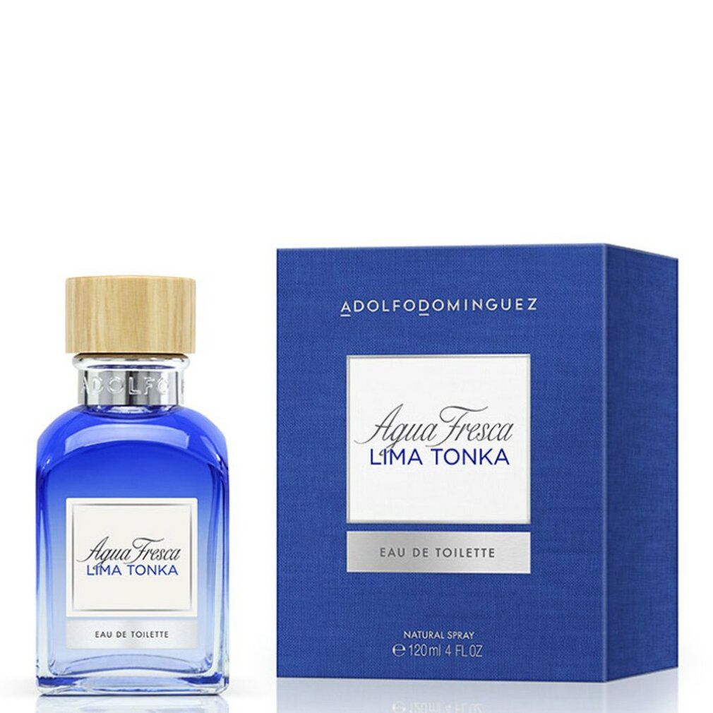 Blaues Parfümflakon und -schachtel. Aufschrift: Agua Fresca Lima Tonka, Eau de Toilette. Holzfarbener Verschluss.