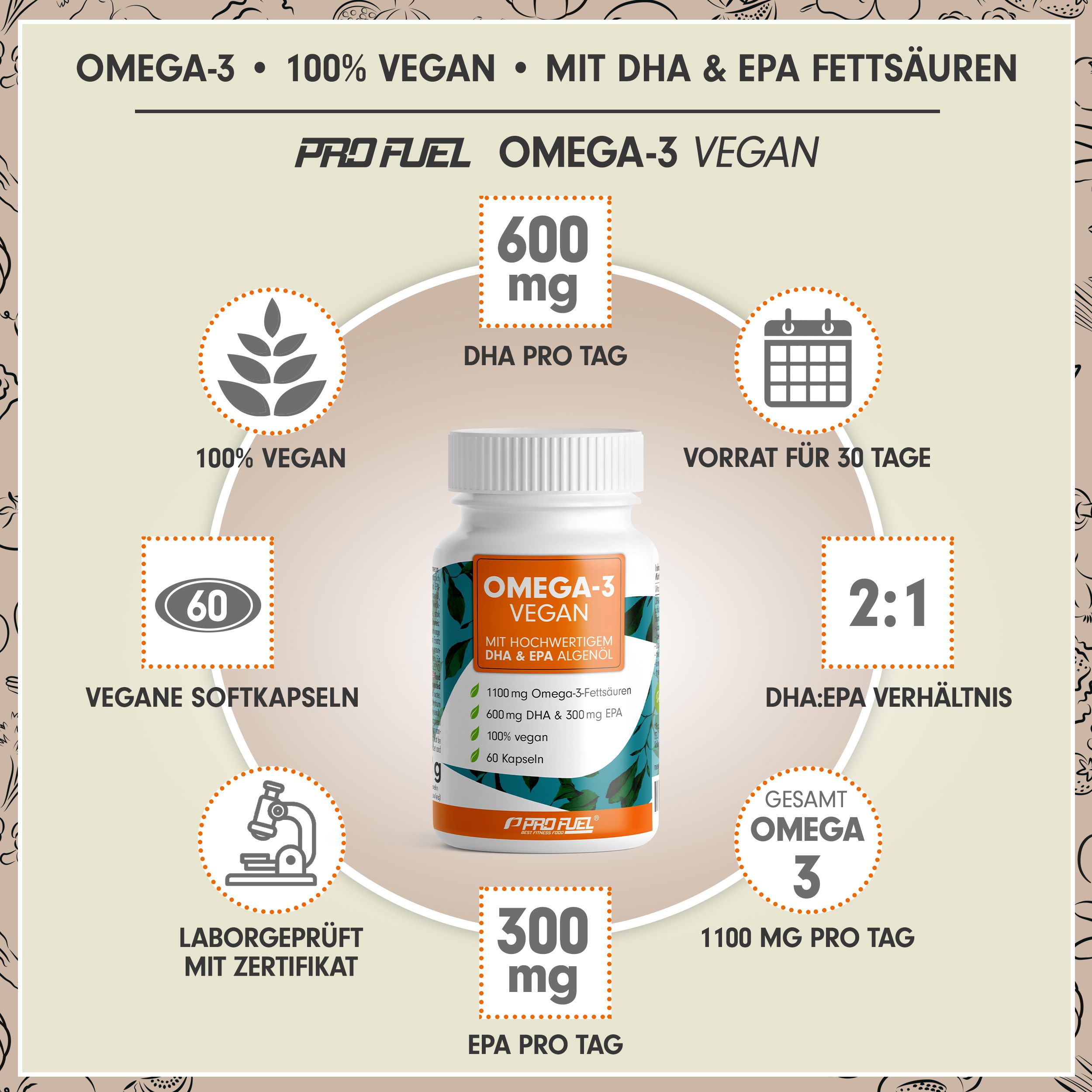 Weiße Flasche mit Kapseln, Produktinformationen und Diagramm. Enthält 600 mg DHA, 300 mg EPA, 100% vegan. Laborgeprüft mit Zertifikat.