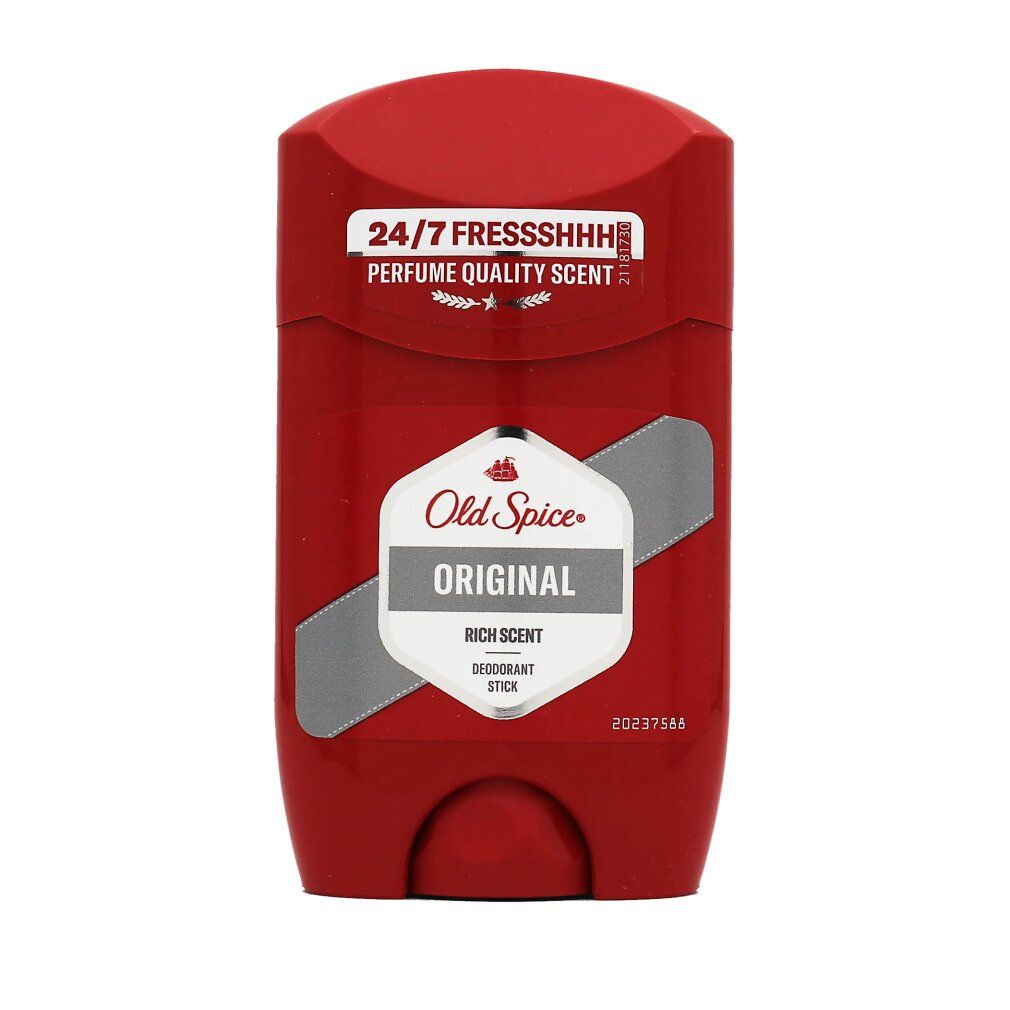 Roter Deostift mit weißem Etikett. Aufschrift: Old Spice Original, Rich Scent, Deodorant Stick. Oben: 24/7 Frische.