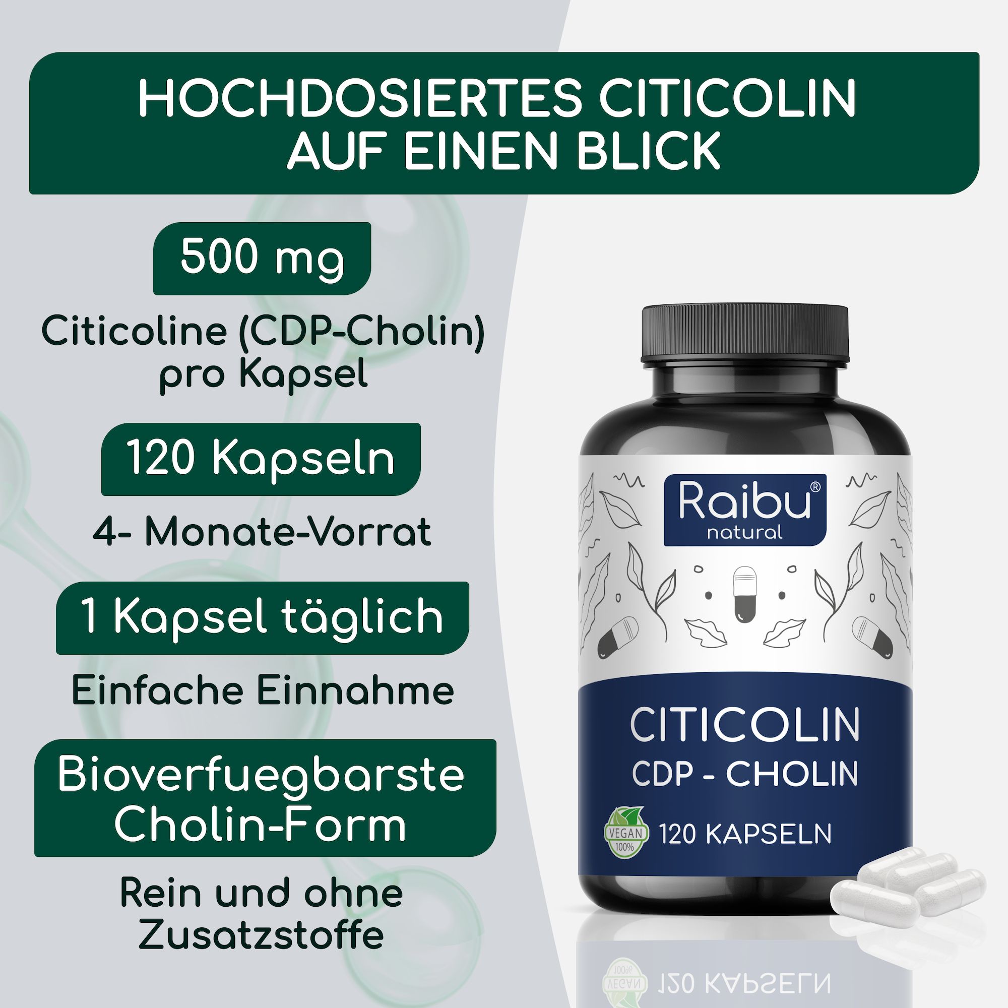 Cholin Citicolin Kapseln Hochdosiert 500 mg je Kapsel - Bioaktive Cholinform - RAIBU