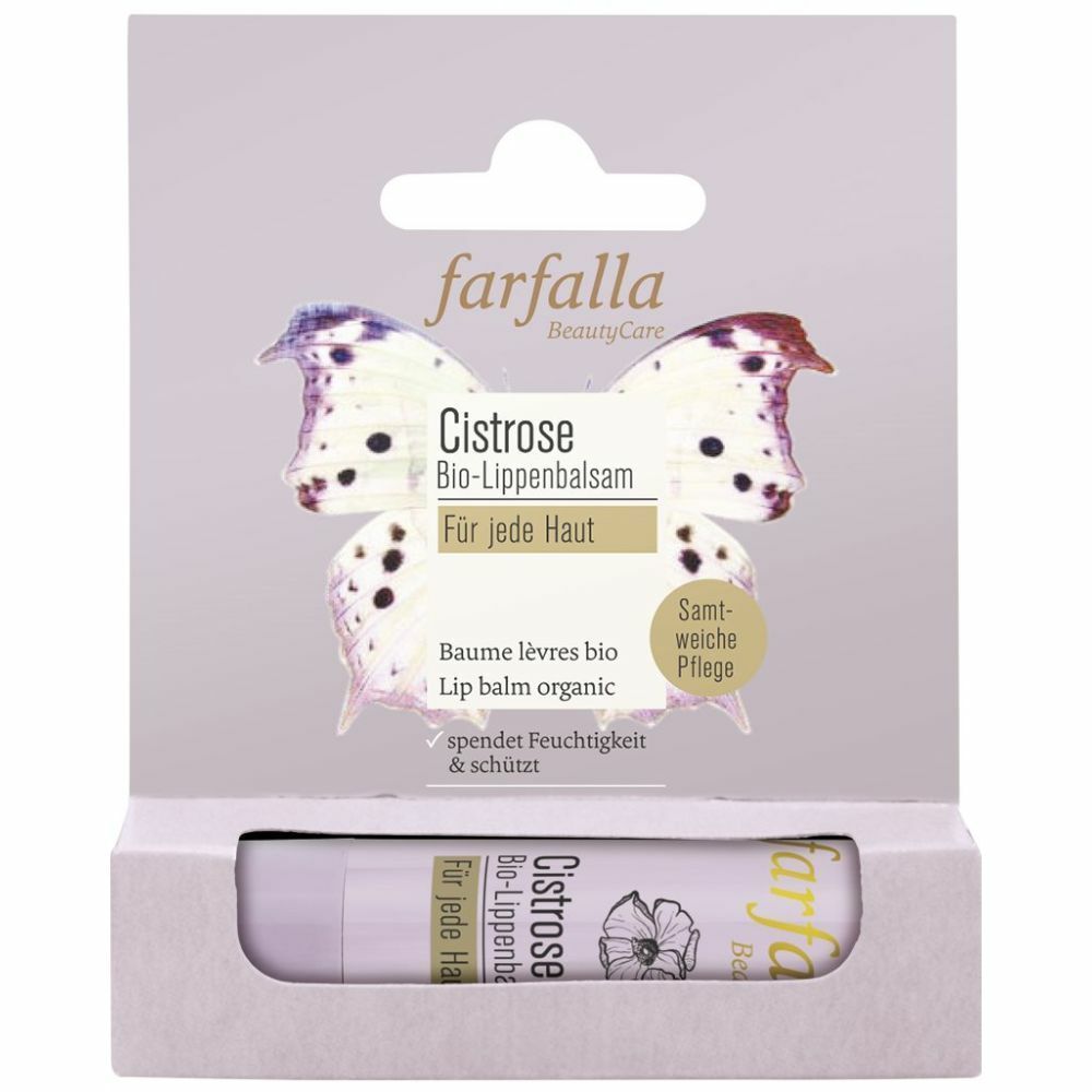 Farfalla Cistrose Bio-Lippenbalsam in Faltschachtel mit Schmetterlingsmotiv. Enthält Lippenbalsamstift.