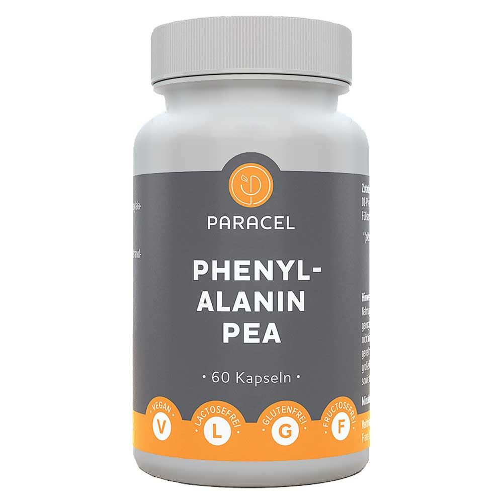 Flasche mit 60 Kapseln Phenylalanin PEA, vegan, laktosefrei, glutenfrei.