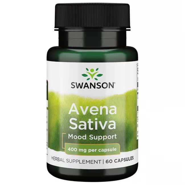 Grüne Flasche mit schwarzem Deckel. Aufschrift: SWANSON, Avena Sativa, Mood Support, 400 mg pro Kapsel. 60 Kapseln.