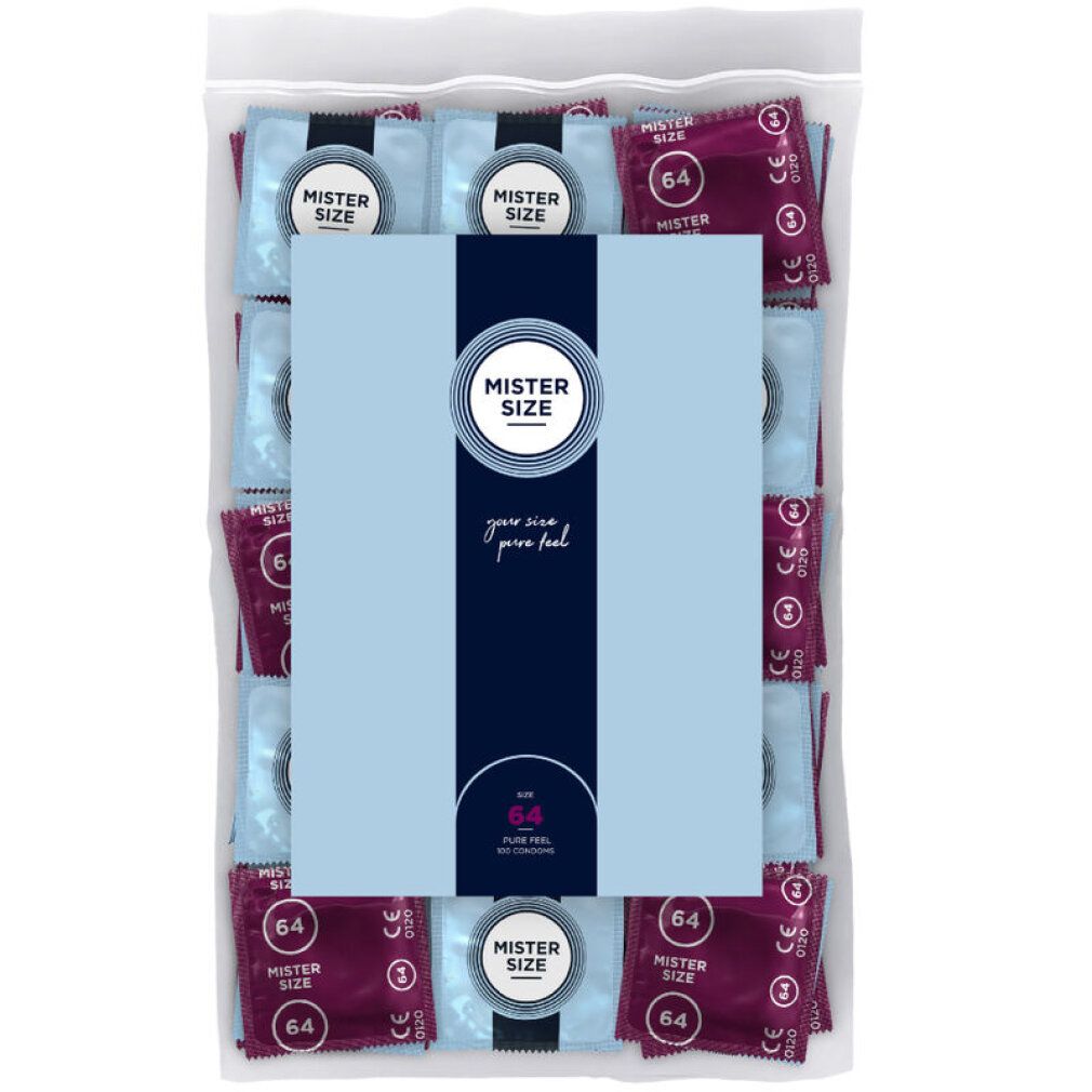Beutel mit Kondomen. Einzelverpackungen in Blau und Lila. Aufdruck: Mister Size, 64.