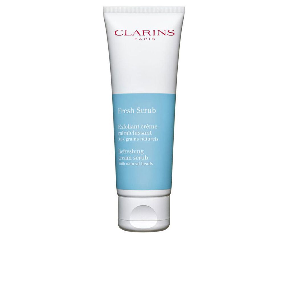 Eine weiße Tube mit blauem Mittelteil. Oben steht Clarins Paris. Darunter Fresh Scrub. Text in Französisch und Englisch.