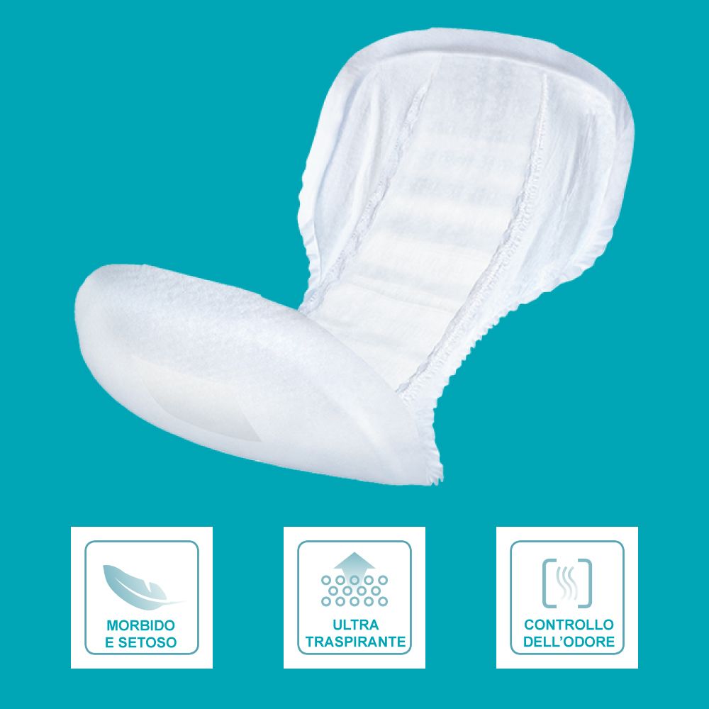Weißer, geformter Inkontinenz-Pannolone. Mit Symbolen für weich, atmungsaktiv und Geruchskontrolle.