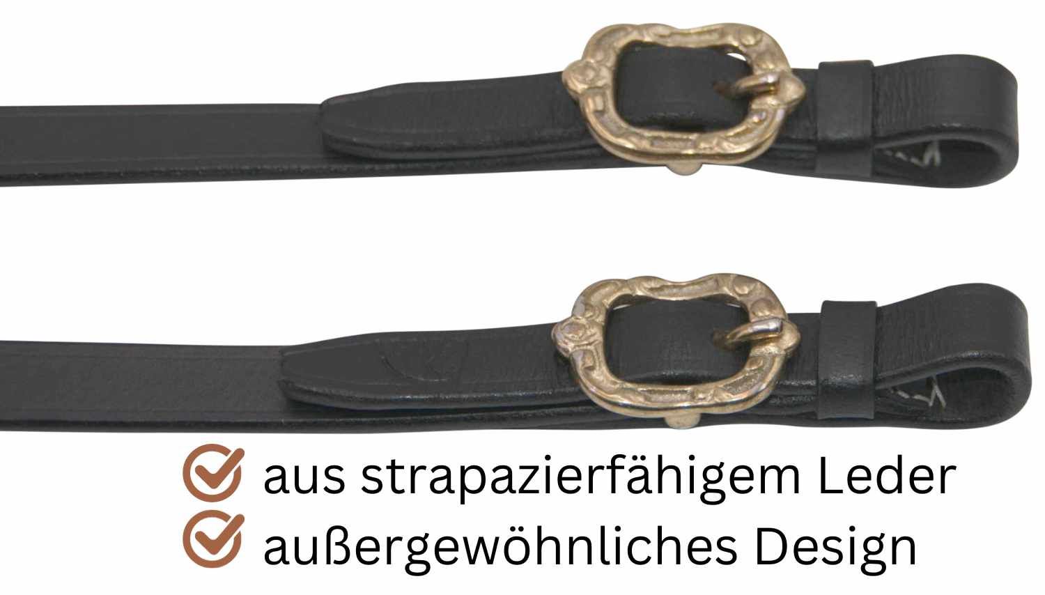 Nahaufnahme von schwarzen Lederzügeln mit goldenen Schnallen. Text: 'aus strapazierfähigem Leder', 'außergewöhnliches Design'.
