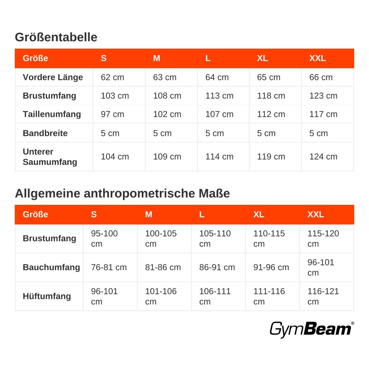 Größentabelle für Herren-Tanktops: Maße in cm für Länge, Brust-, Taillen-, Band- und Saumumfang.