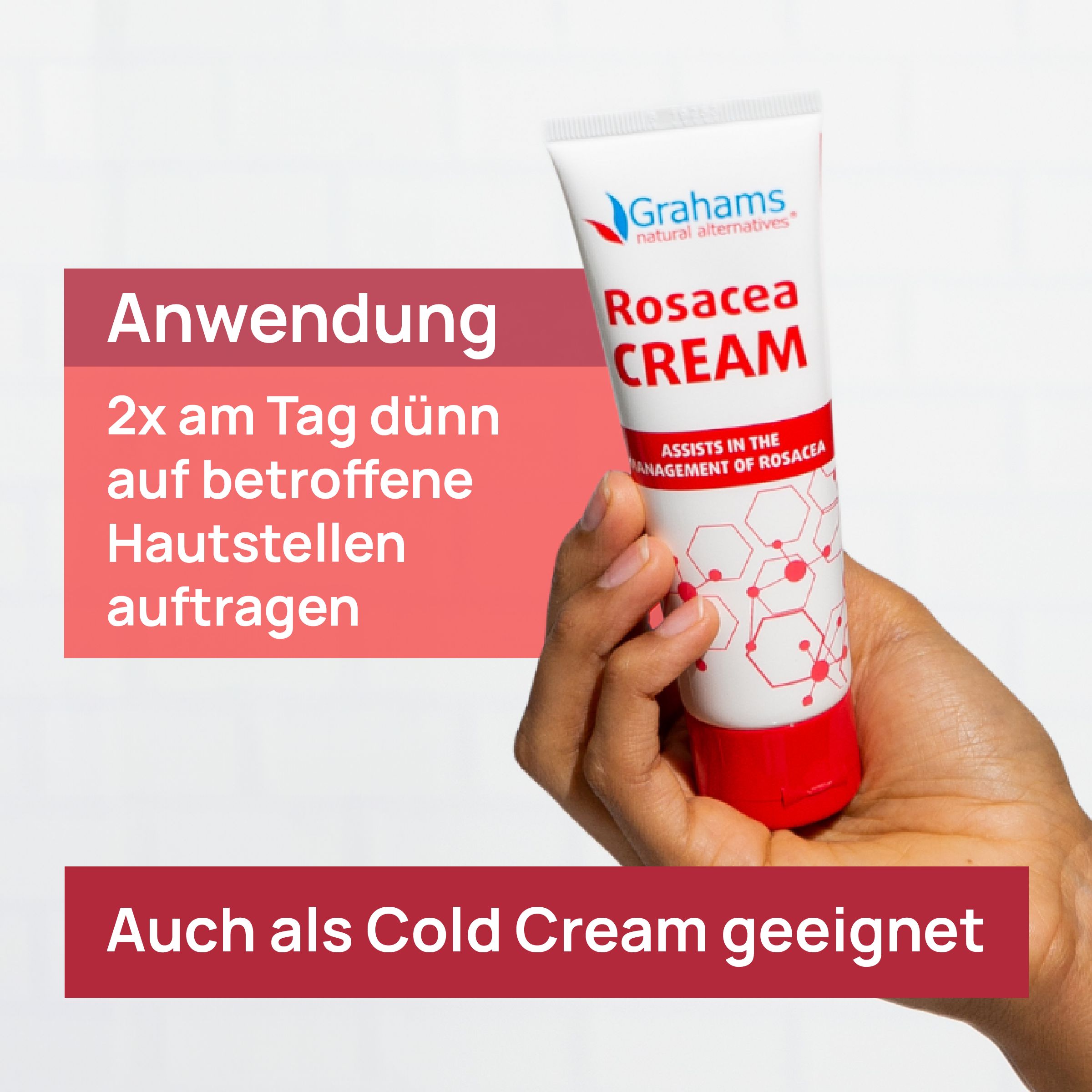 Creme-Tube und Schachtel. Text: Grahams Rosacea Creme. Hilft bei Rosazea. 75g.
