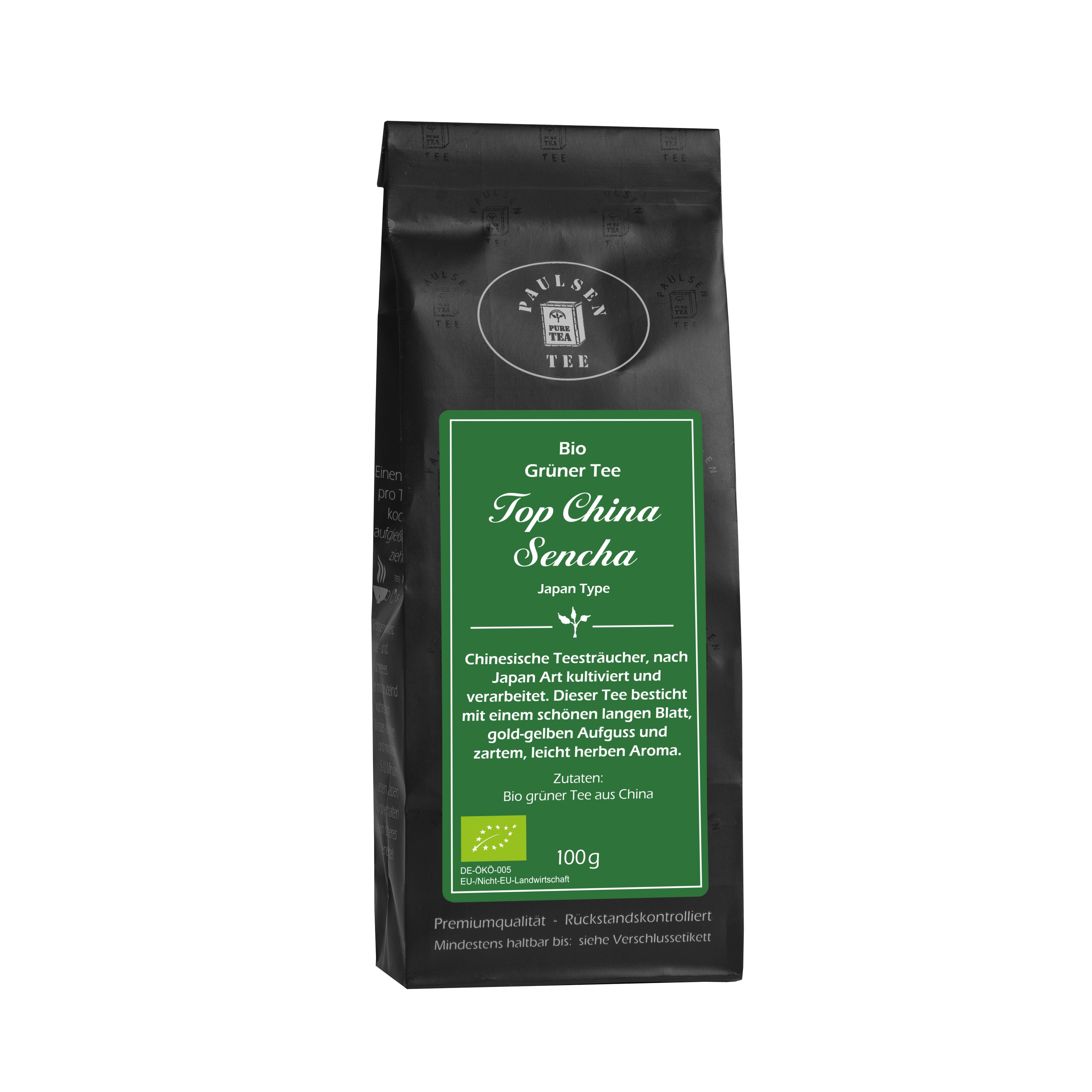 Schwarzer Beutel mit grünem Etikett. Aufschrift: Paulsen Tee, Bio Grüner Tee, Top China Sencha Japan Type. Bio-Siegel.