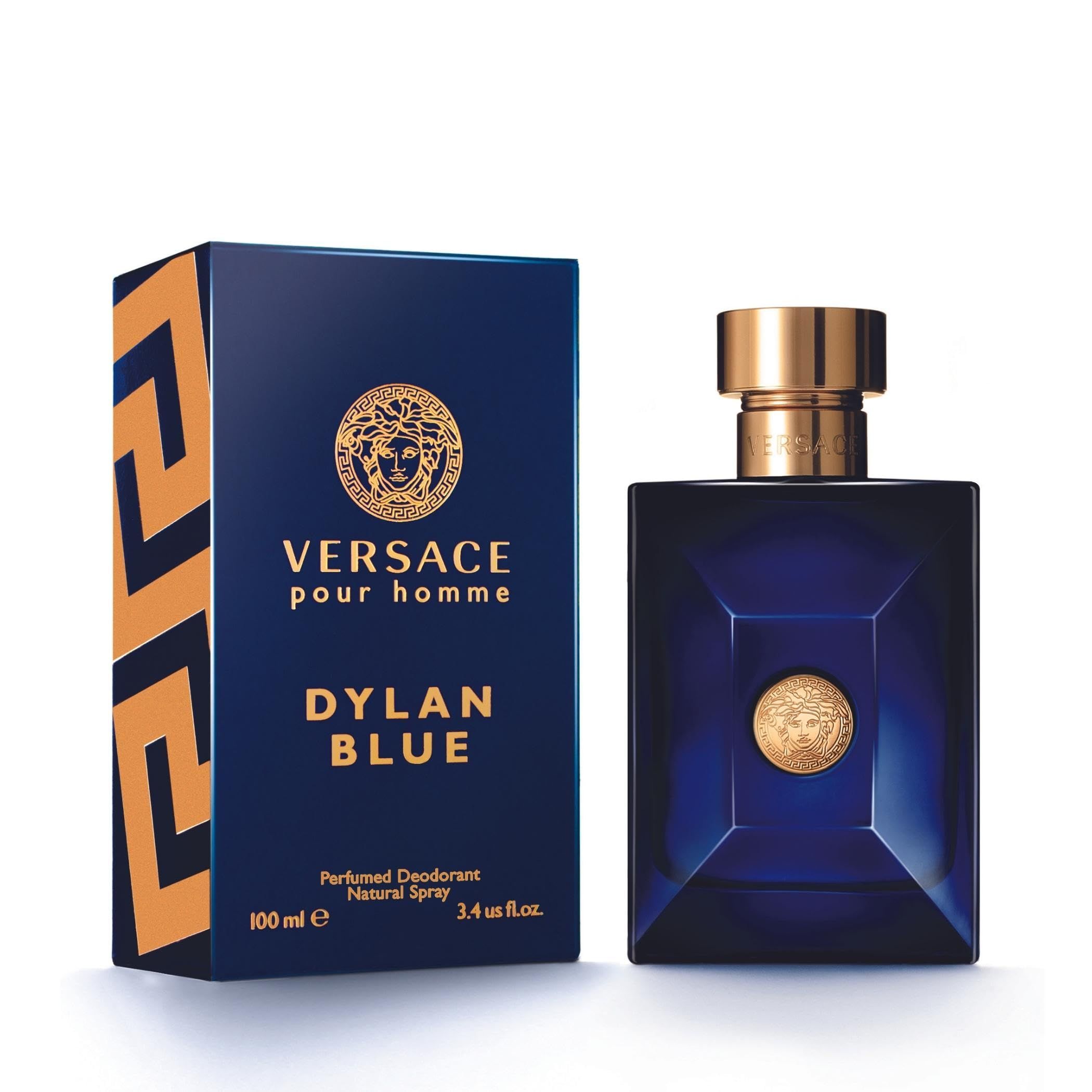 Versace Pour Homme Dylan Blue Deo Vapo. Flakon und Verpackung. Blau, Gold, Medusa-Logo.