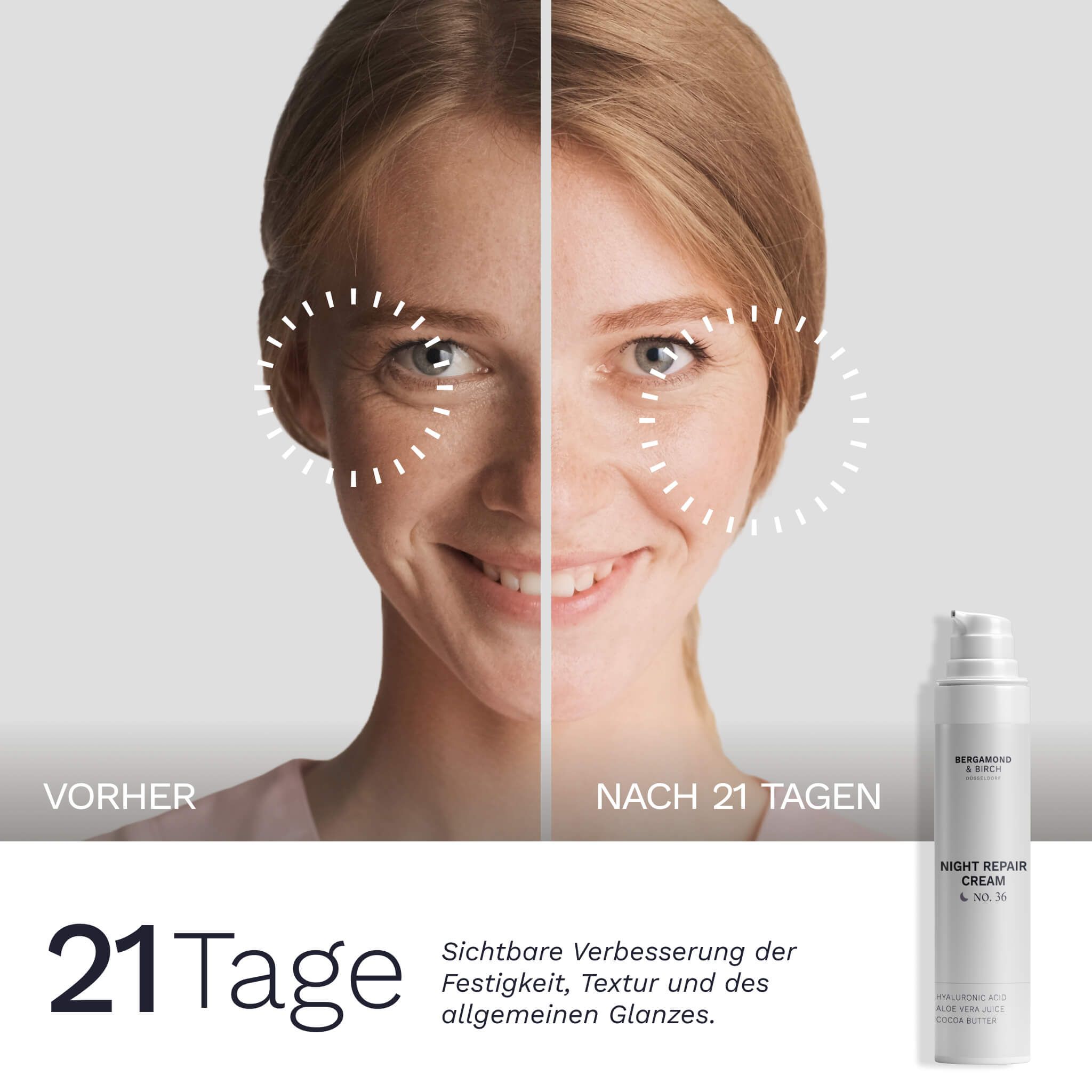 Gesicht einer Frau, links Vorher, rechts Nach 21 Tagen. Nacht Repair Cream, Nr. 36. Sichtbare Verbesserung von Festigkeit, Textur und Glanz.