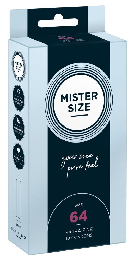 MISTER SIZE 64 Kondom-Verpackung. Hellblau und weiß. Größenangaben auf der Seite.