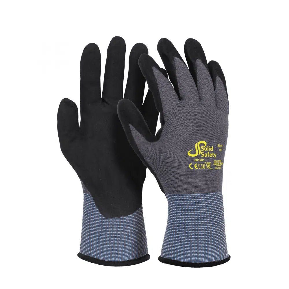 Schwarze und graue Arbeitshandschuhe mit blauem Strickbund. Marke Solid Safety.