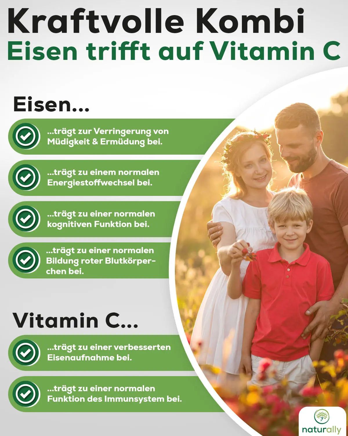 Werbung mit Familie. Text: Kraftvolle Kombi. Eisen trifft auf Vitamin C. Vorteile für Gesundheit.