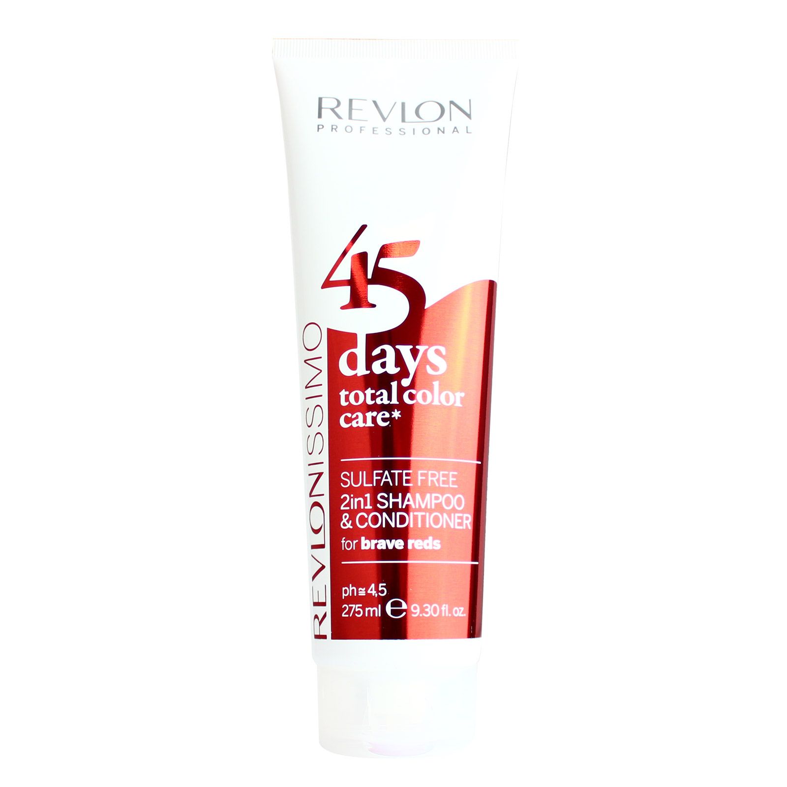 Revlon Professional 45 Days Total Color Care 2in1 Shampoo & Conditioner für brave Reds. Weißer Schlauch mit rotem Design.