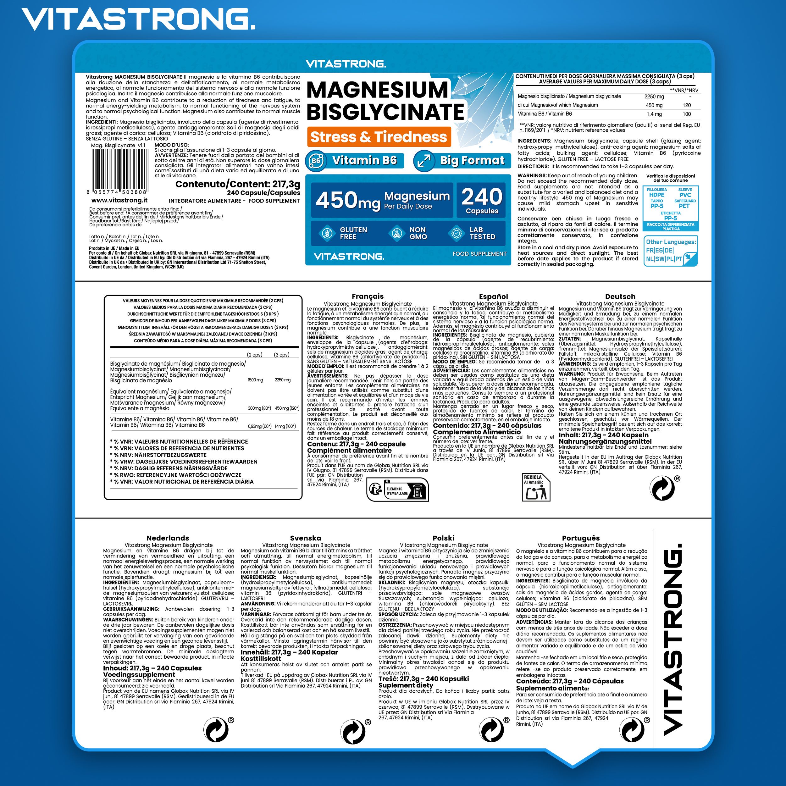 Rückseite der Vitastrong Magnesiumbisglycinat Verpackung. Enthält Informationen in verschiedenen Sprachen.