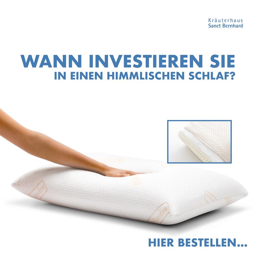 Orthopädisches Kopfkissen, weiß, rechteckig. Hand berührt Kissen. Detailansicht zeigt perforierte Oberfläche und Reißverschluss.