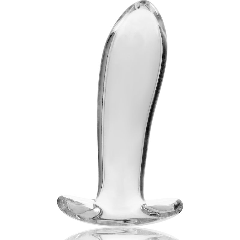 Klarer Glas-Analplug mit breiter Basis, auf weißem Hintergrund.