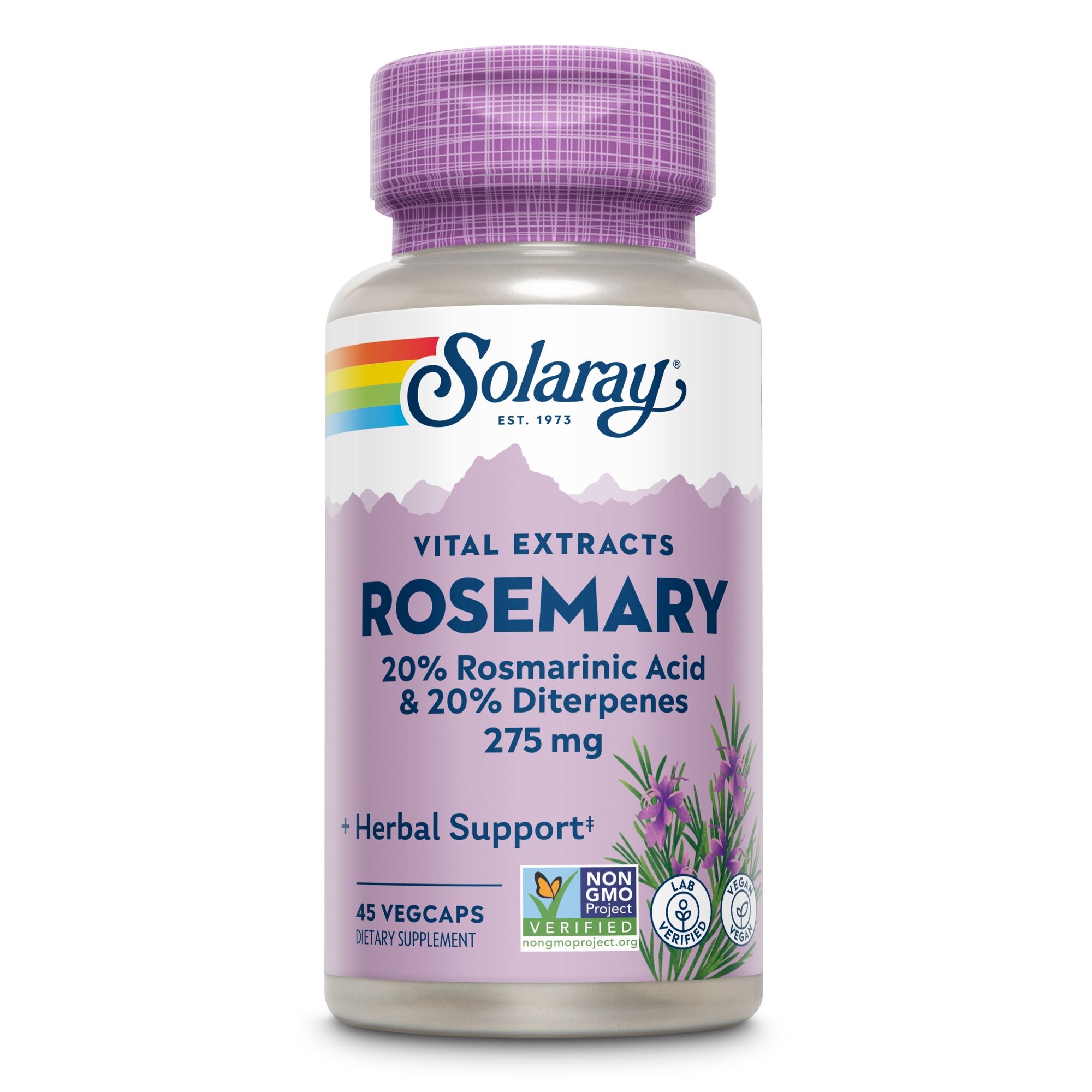 Solaray Rosmarin-Kapseln. Weiße Flasche mit lila Deckel. Enthält 20% Rosmarinsäure und 20% Diterpene. 275 mg. 45 Vegicaps. Dietary Supplement.