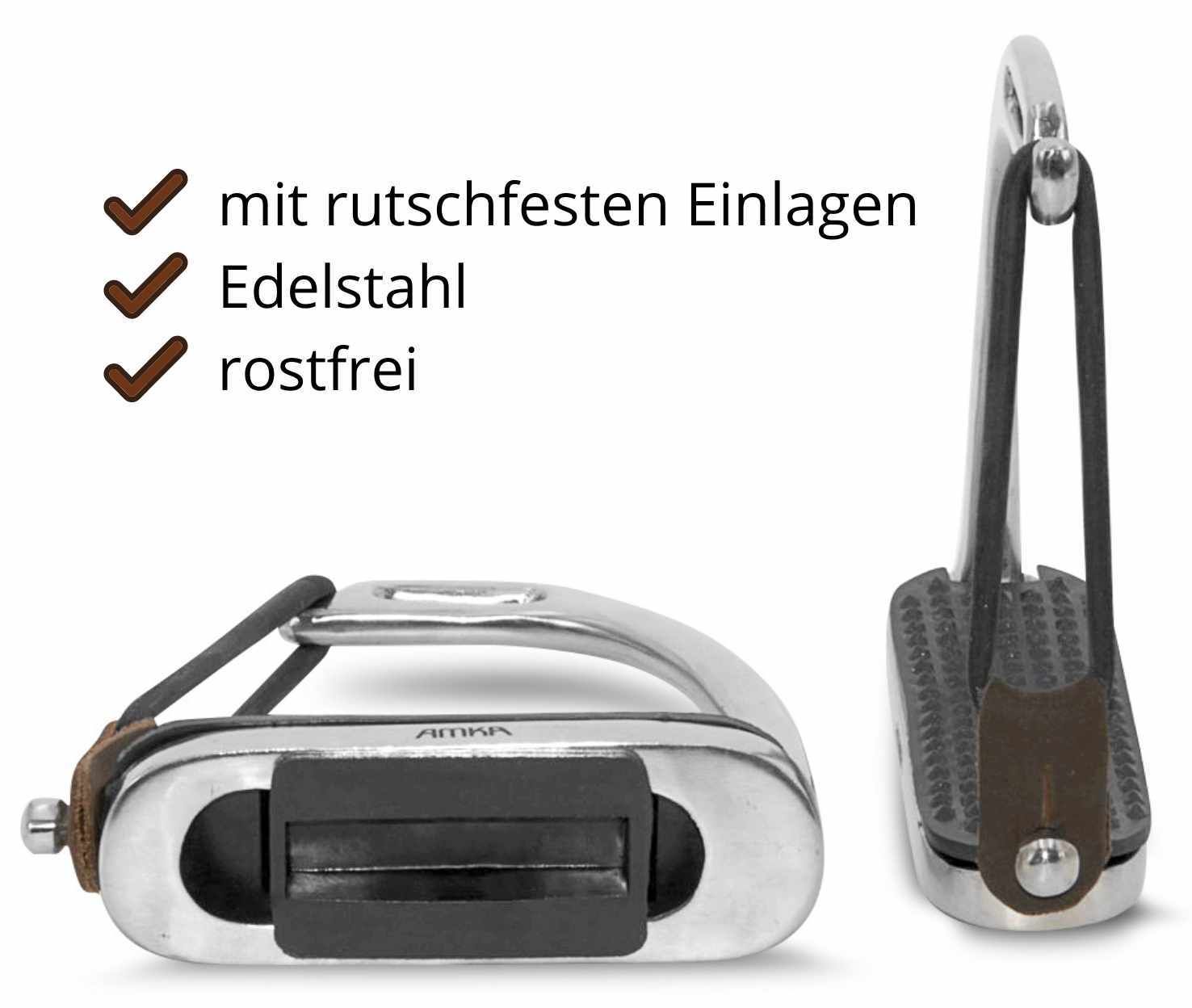 AMKA Sicherheitssteigbügel, zwei Ansichten. Text: mit rutschfesten Einlagen, Edelstahl, rostfrei.