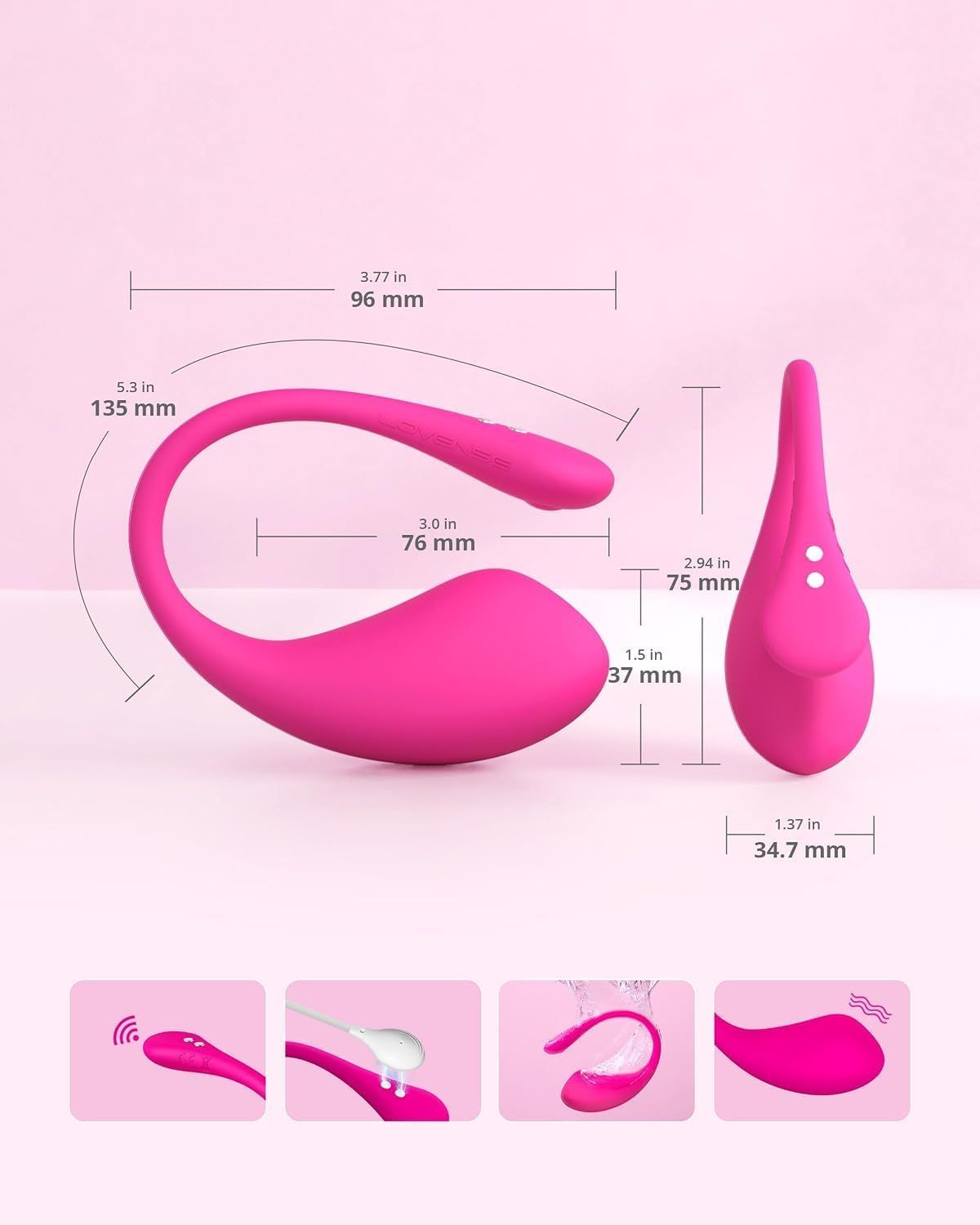 Abmessungen eines pinken Vibrators: 96 mm Länge, 135 mm Bogenlänge, 76 mm Krümmung.