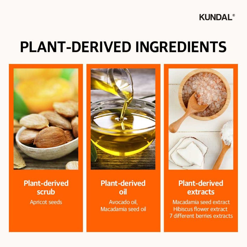 Werbung für Inhaltsstoffe: Aprikosenkerne, Avocadoöl, Macadamiaöl, Macadamiasamenextrakt, Hibiskusblütenextrakt.