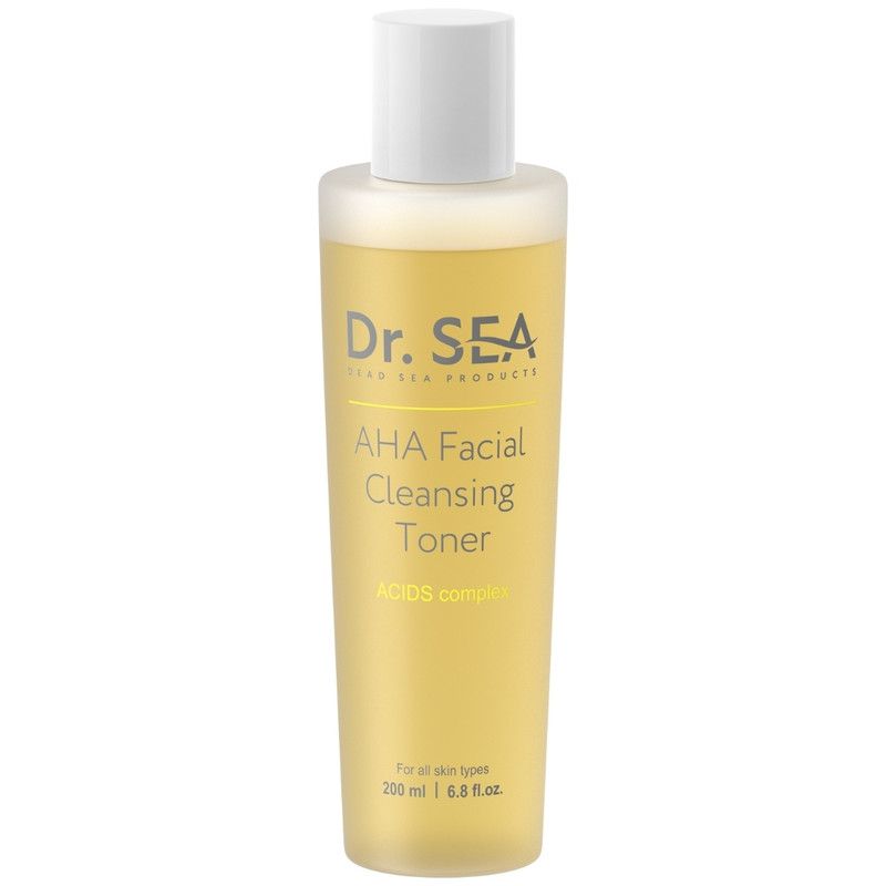 Dr. SEA AHA Facial Cleansing Toner. Gelbe Flüssigkeit in einer Flasche mit weißem Deckel. Text: AHA Facial Cleansing Toner.