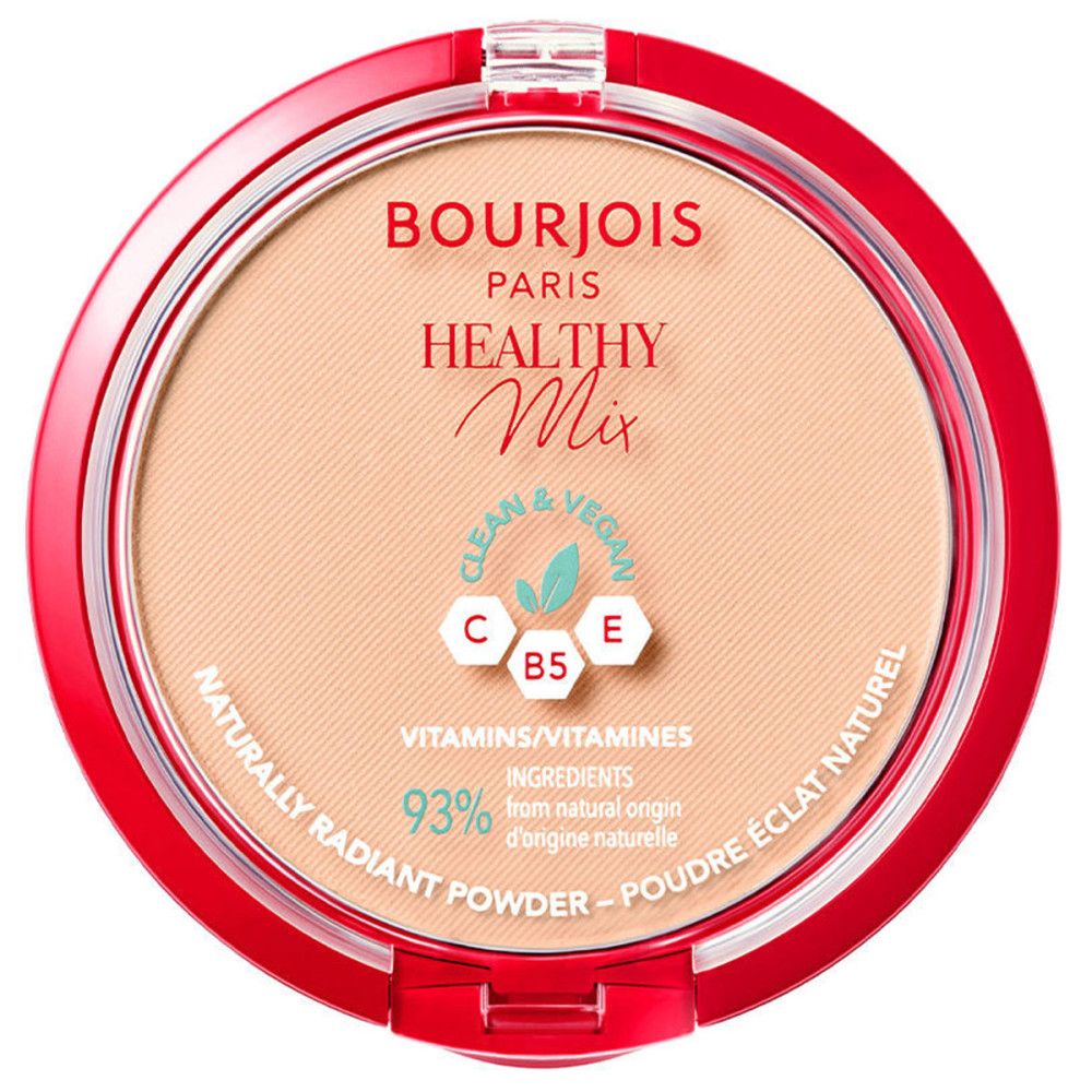 Runder Puderbehälter, rot und transparent. Aufschrift: Bourjois Paris Healthy Mix. Vegan, Vitamin C, B5, E. Natürlicher, strahlender Puder.