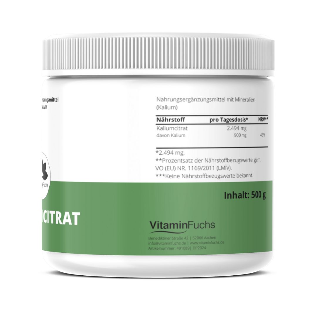 Weißes Kaliumcitrat-Pulver in einem weißen Behälter mit grünem Etikett. Enthält Mineralien und Nährstoffangaben. Marke: VitaminFuchs.
