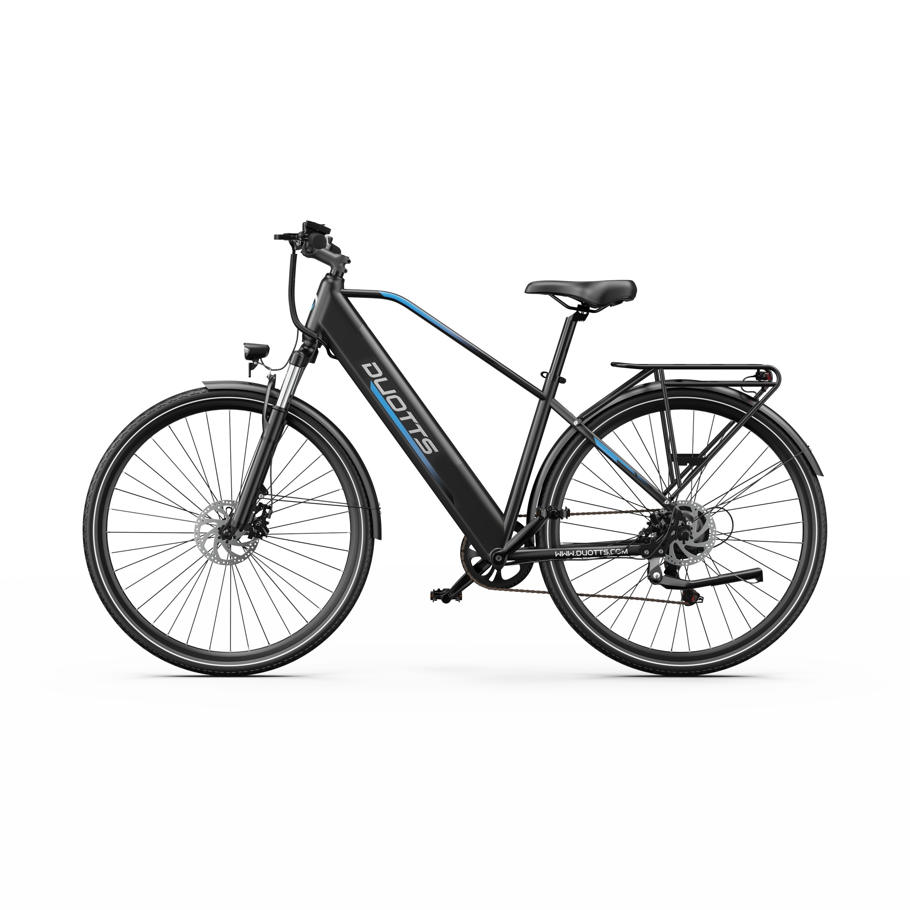 Schwarzes DUOTTS C29Lite E-Bike. Scheibenbremsen, Gepäckträger. Blaue Akzente am Rahmen. Seitenansicht.
