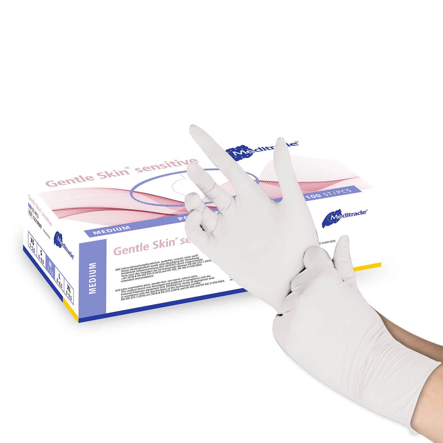 Weiße Latex-Einmalhandschuhe werden angezogen. Daneben eine Schachtel mit der Aufschrift "Gentle Skin sensitive". Marke: Meditrade.